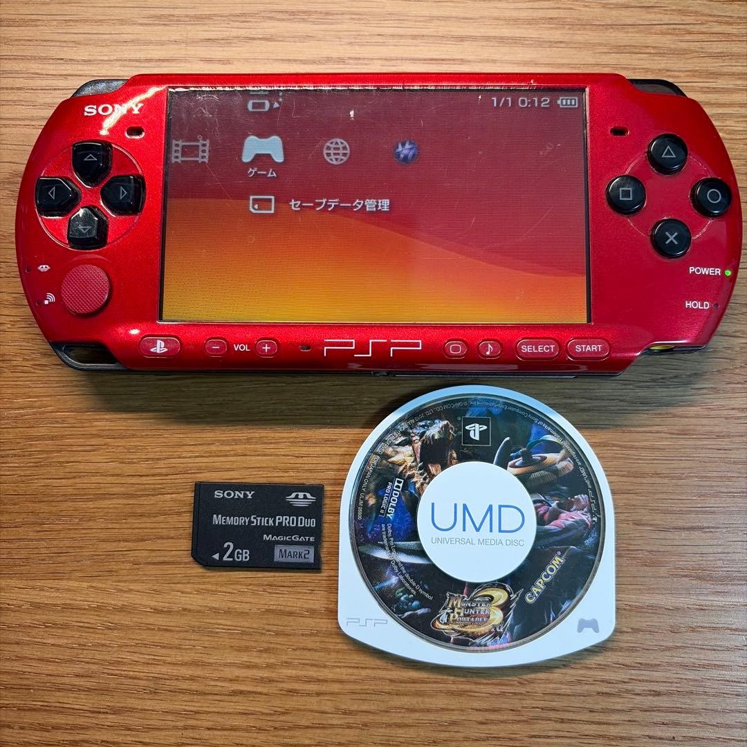 Sony PSP-3000 Red Black Console Tested Region Free Japan 2GB Game No Battery