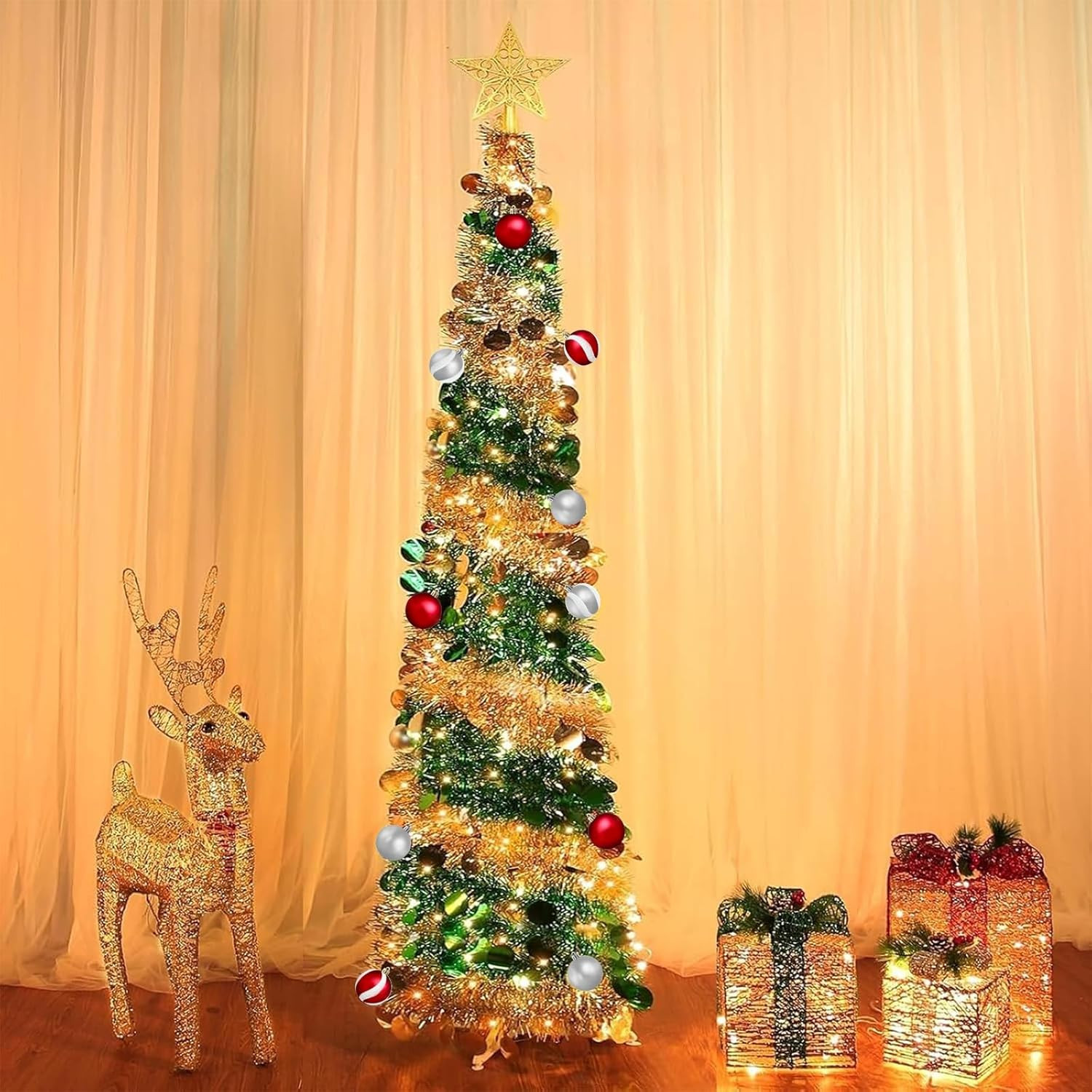 Dual Color Switch&Timer 5 Ft Gold Pop up Christmas Tree with 50 Warm White&Color