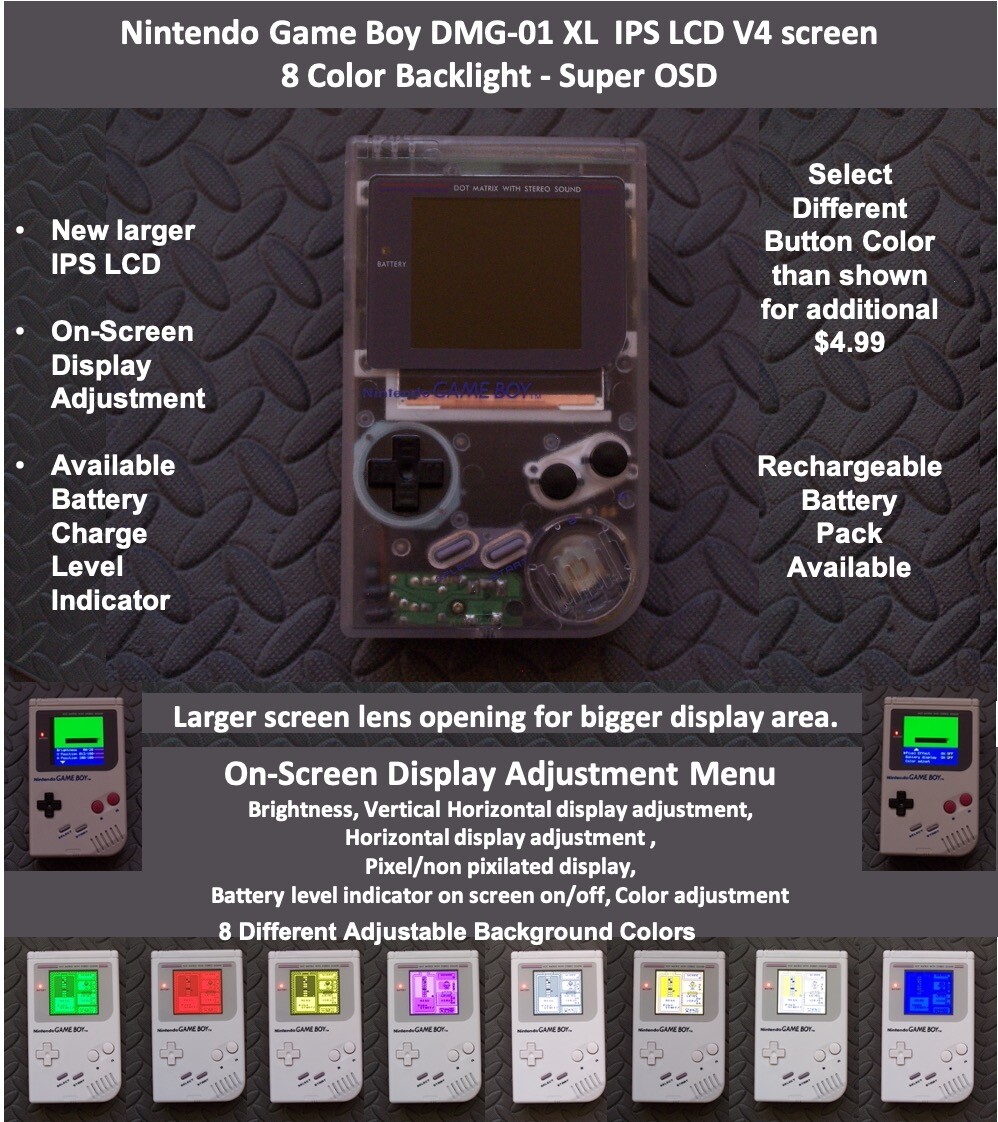 Nintendo Game Boy DMG-01 XL IPS OSD V4 screen 8 Color Backlight – CLEAR