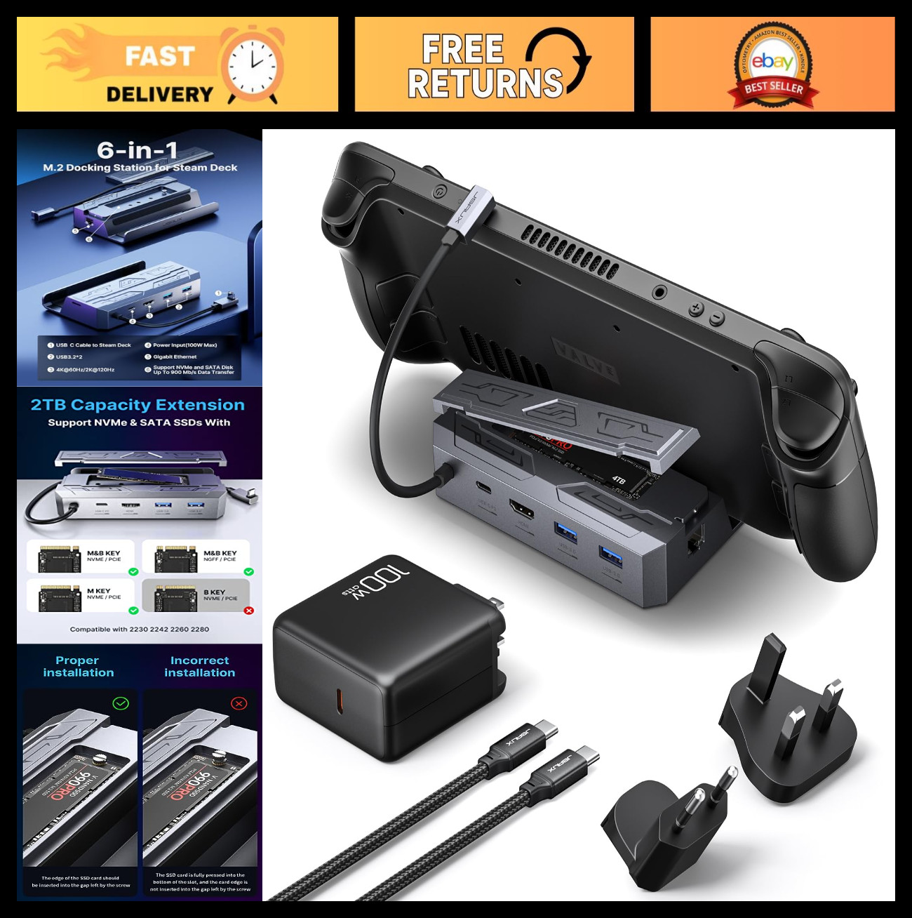6-in-1 Steam Deck Dock with 100W Charger, 4K HDMI, Gigabit Ethernet, M.2 Slot