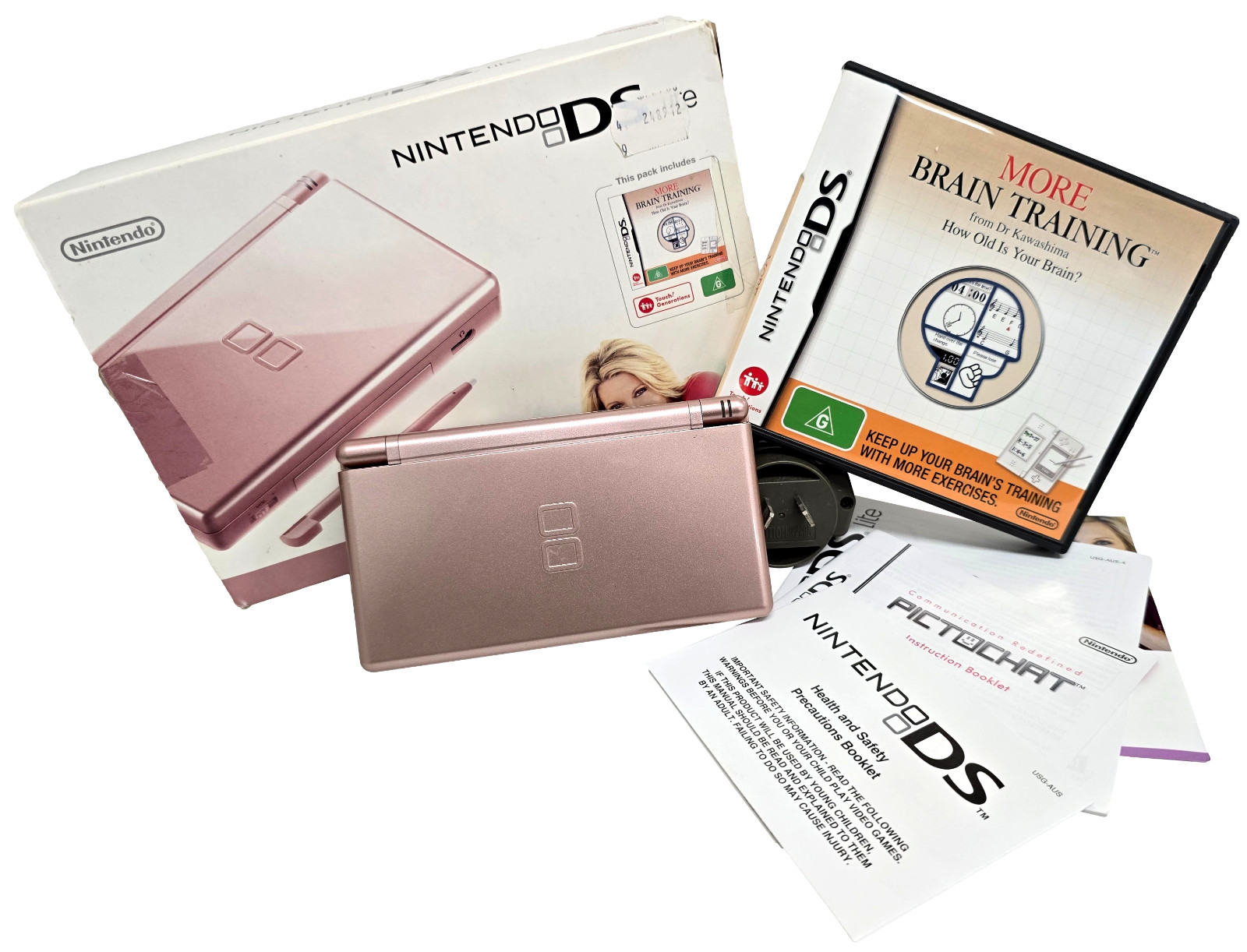 Metallic Rose Pink Nintendo DS Lite Console + Original Charger And Game In Box