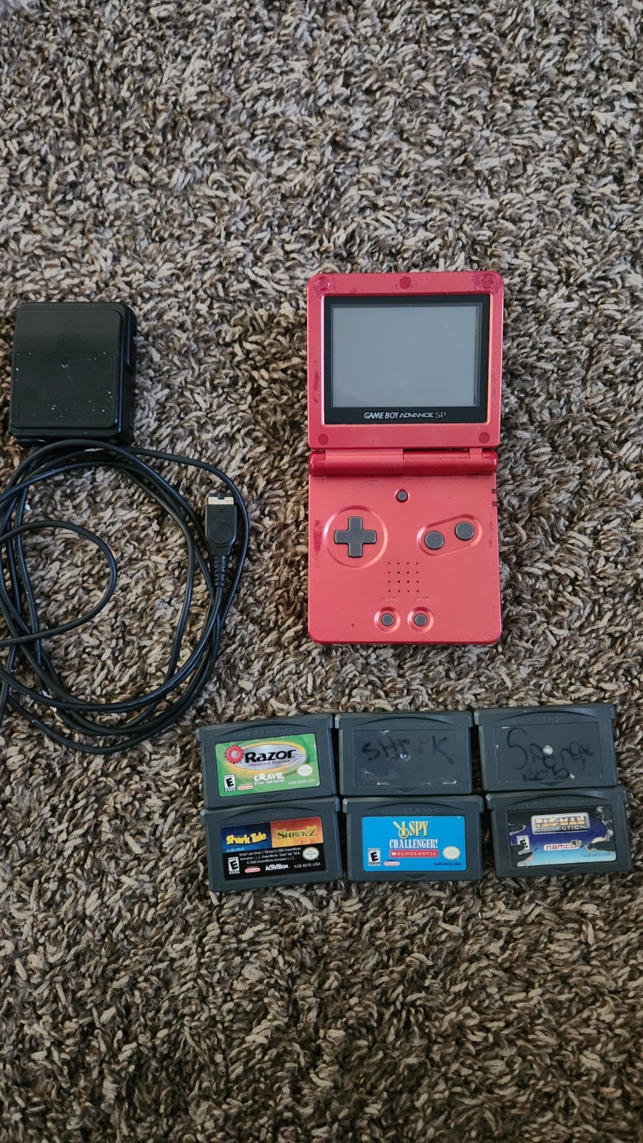 Nintendo GameBoy Advance SP GBA Flame Red AGS-001 Charger 6 Games Console Tested