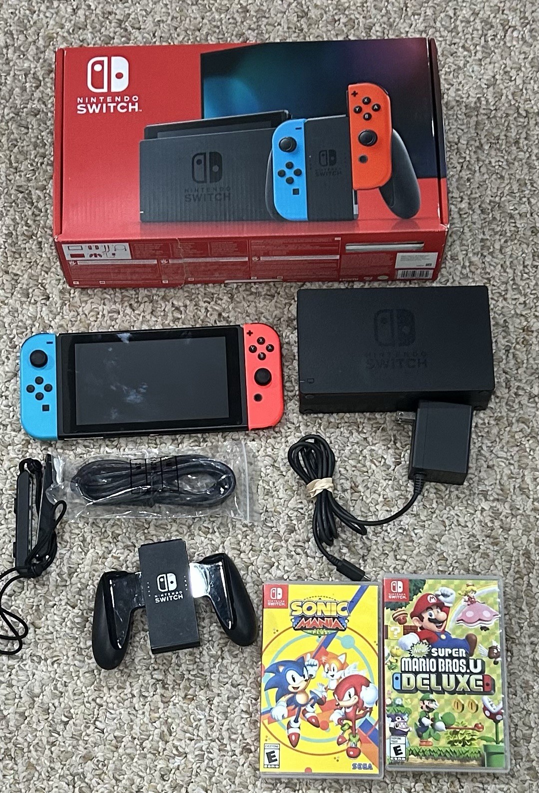 Nintendo Switch with Neon Blue and Neon Red Joy Con Complete CUSTOM LISTING