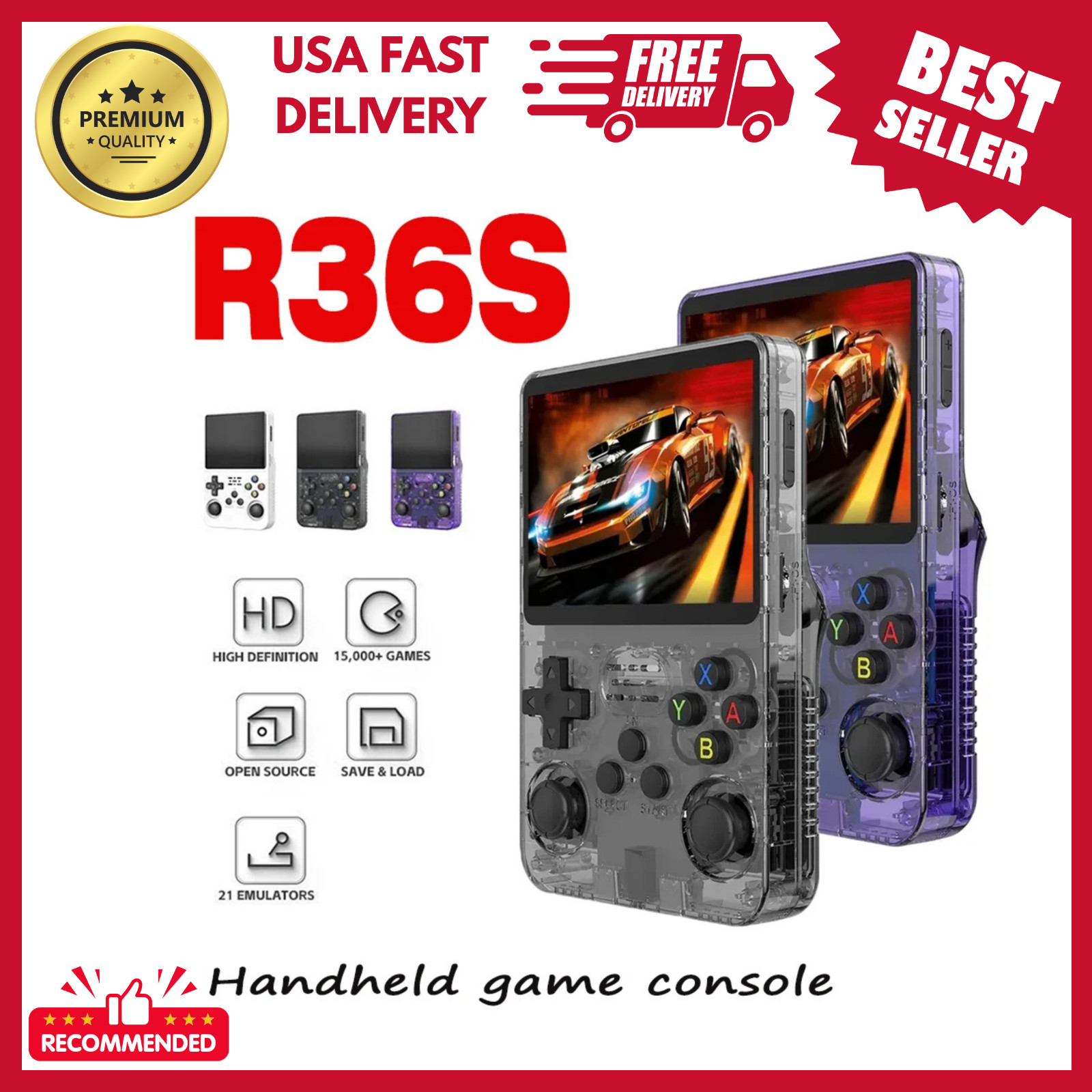 R36S Retro Handheld Video Game Console 64GB 20,000+ Games 3.5 Inch IPS Screen US