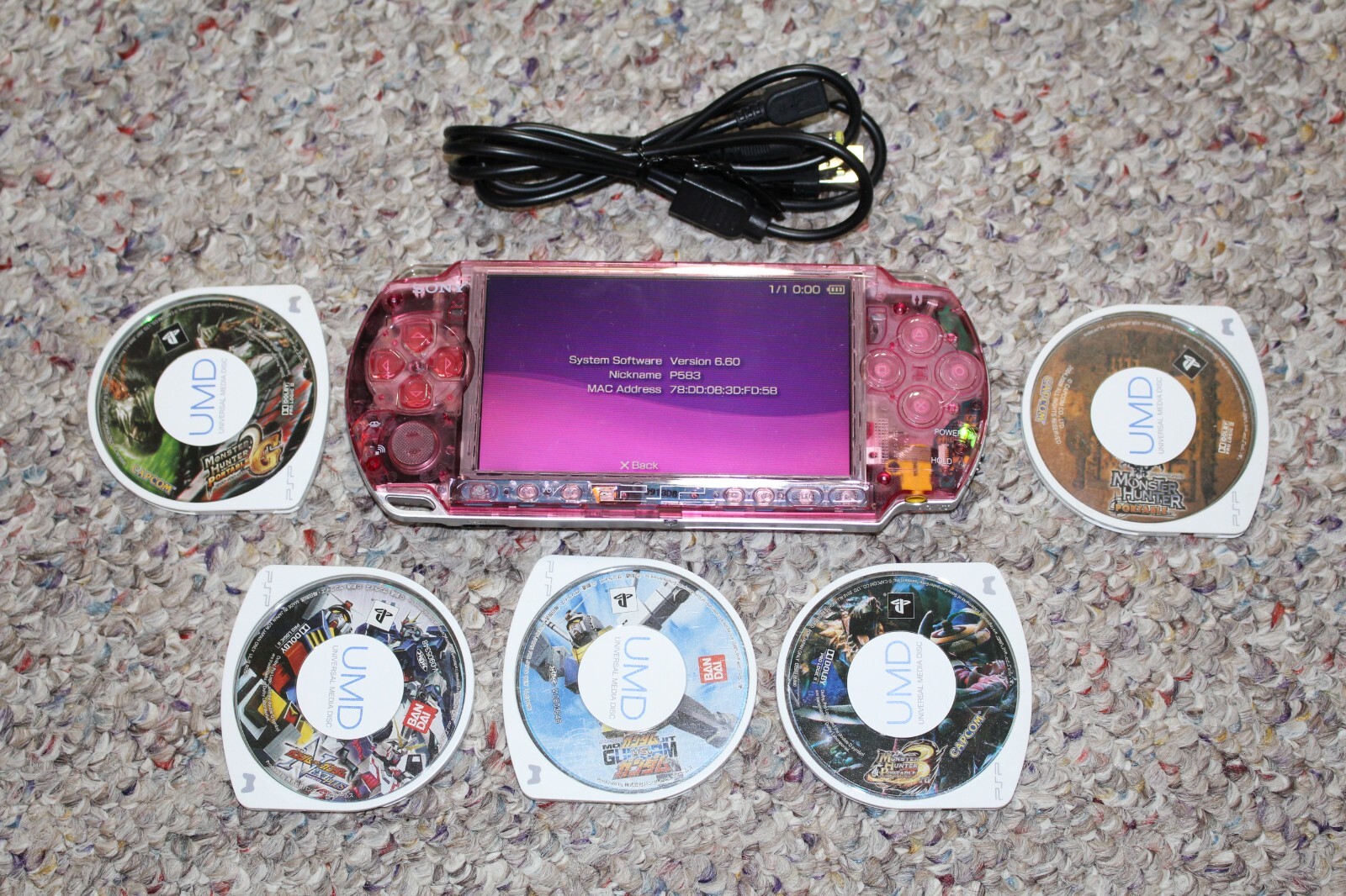 PSP3000 Clear Red + Battery, Charger/Data cable, Memory card, 5 Games, TV Tested