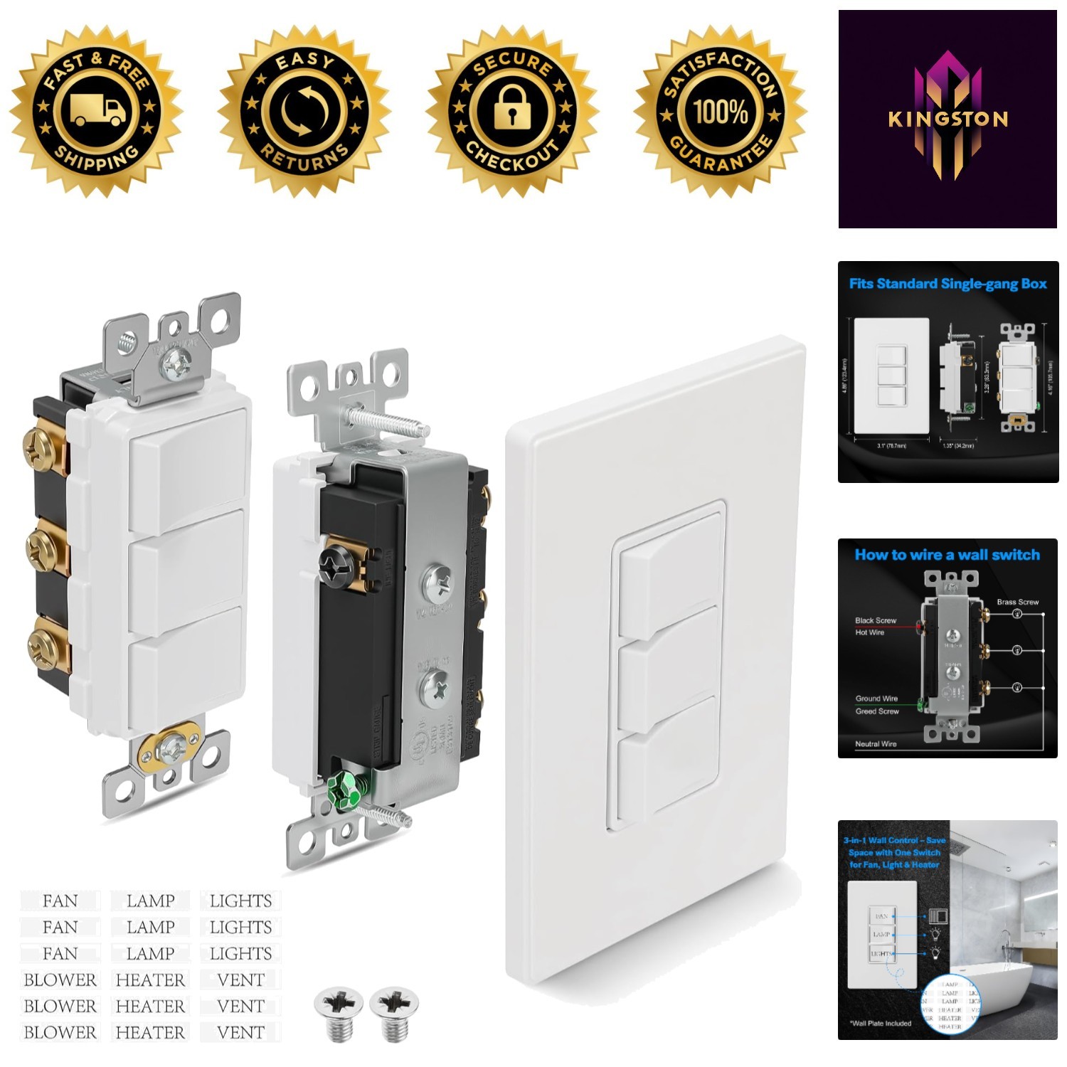 Sleek Three-Way Rocker Light Switch Combo – White Multi-Control with Plate