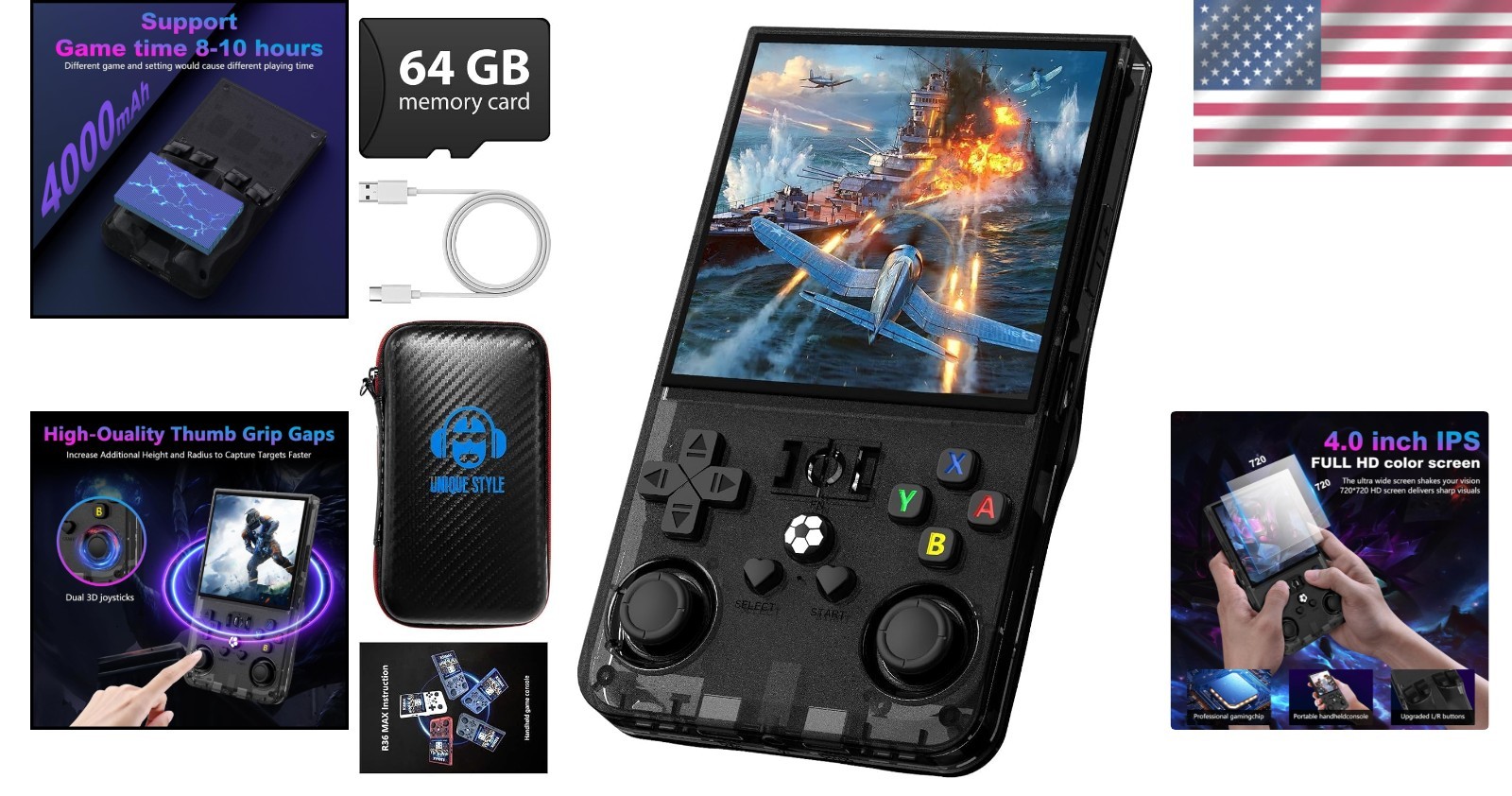 Retro Handheld Console 64GB 18000+ Games 4″ IPS HD 4000mAh Battery Linux