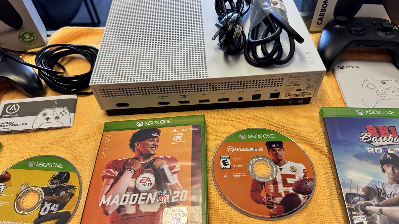 Xbox One S 365GB -wired & wireless controllers/batteries/charger/cords/4 Games