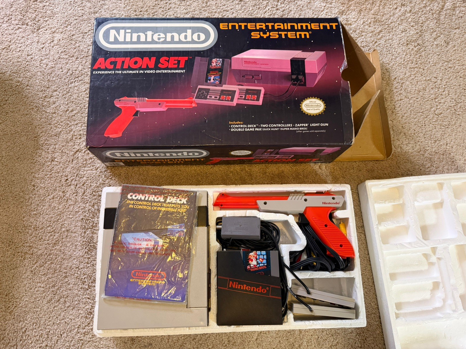 Original Nintendo NES Action Set CIB Complete Orange Zapper Manuals Super Mario