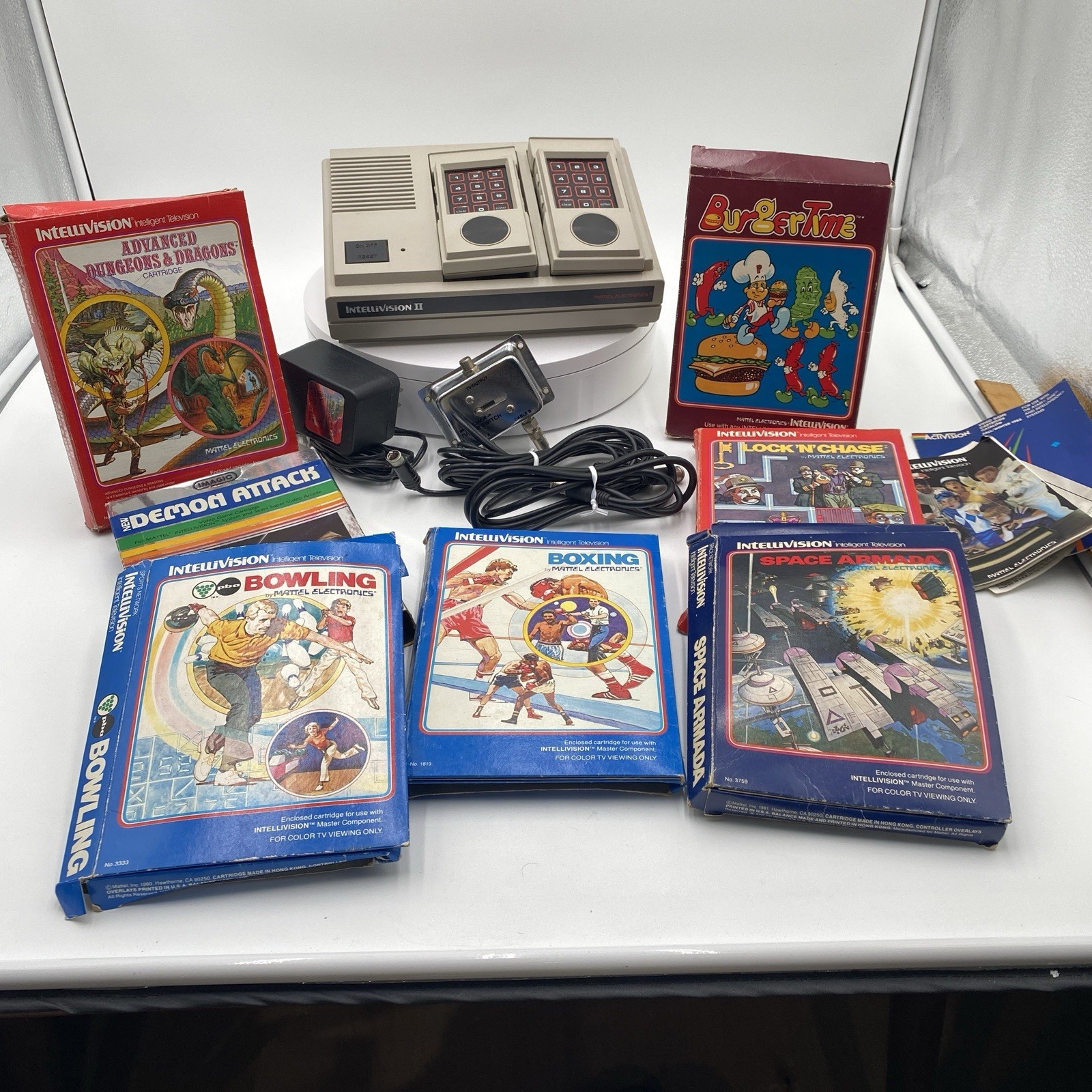 Mattel Intellivision II Console #5872, Controllers, Cables, & 7 Games Untested