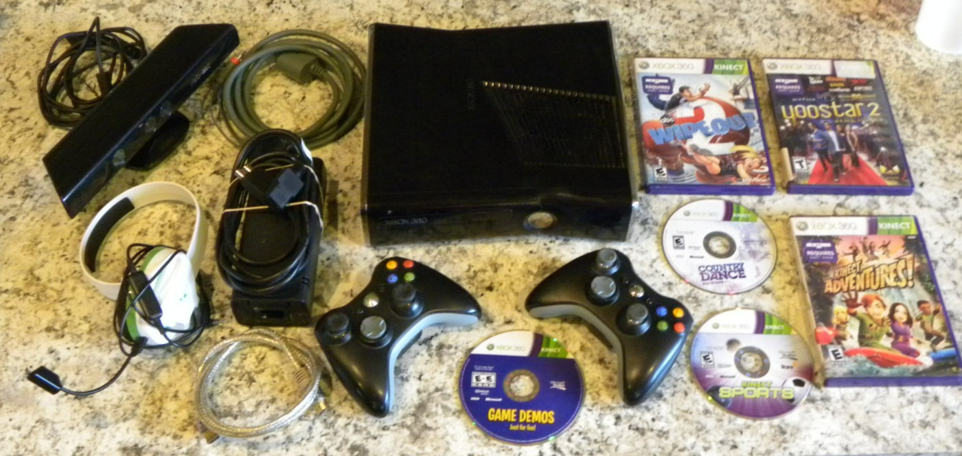 Xbox 360 S Console Bundle w/ Kinect, Controllers, 6 Games, Headset, Wifi Tested