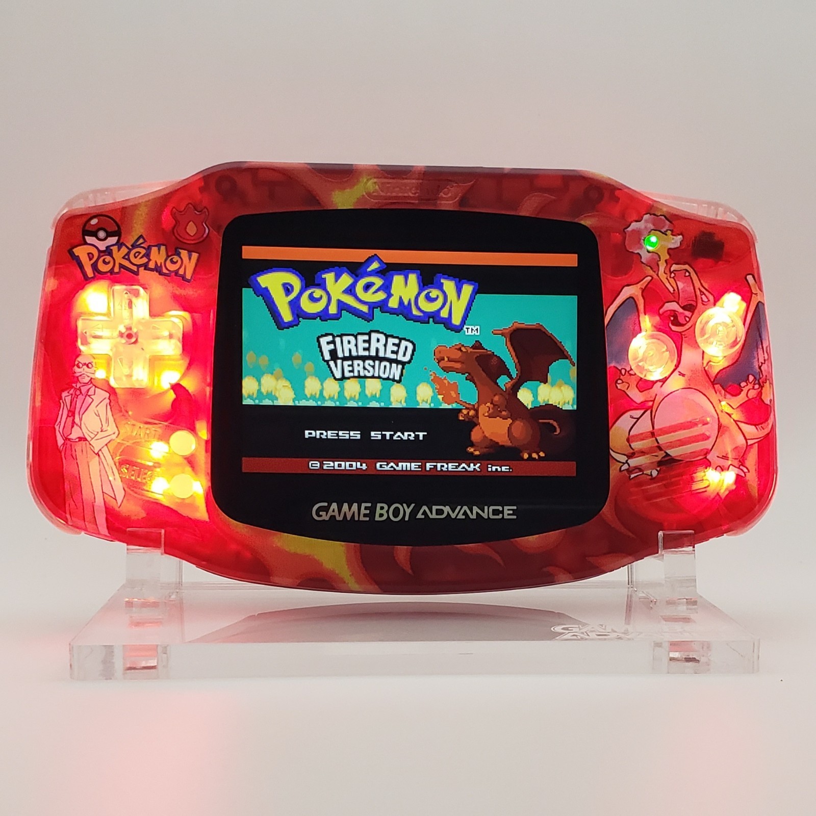 Charizard Game Boy Advance, Custom Motherboard – RGB LEDs, upgraded audio, more