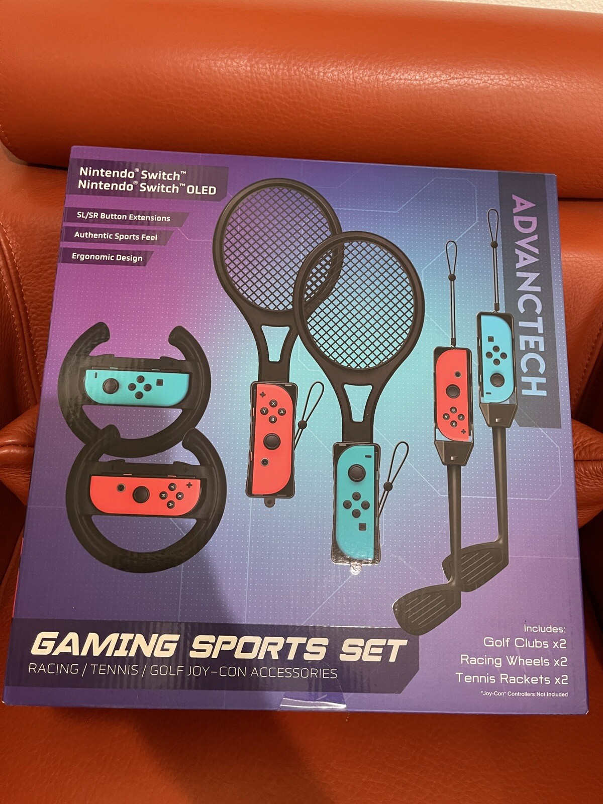Nintendo Switch gaming Sport Set Golf Clubs 2 Racing Wheel 2, Tennis Racket 2
