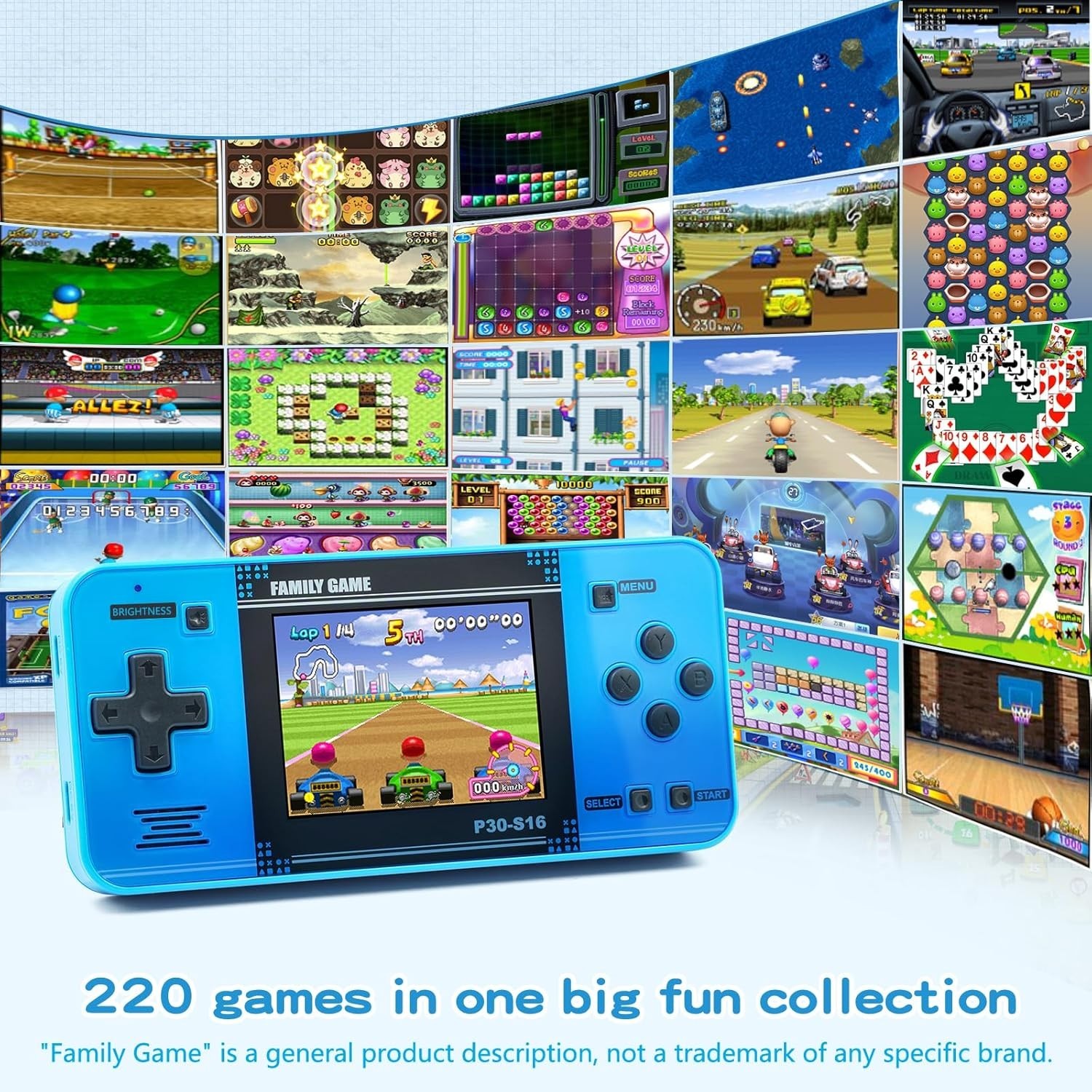 Rechargeable Handheld Game Console for Kids – 220 Engaging Classic Games, Blue
