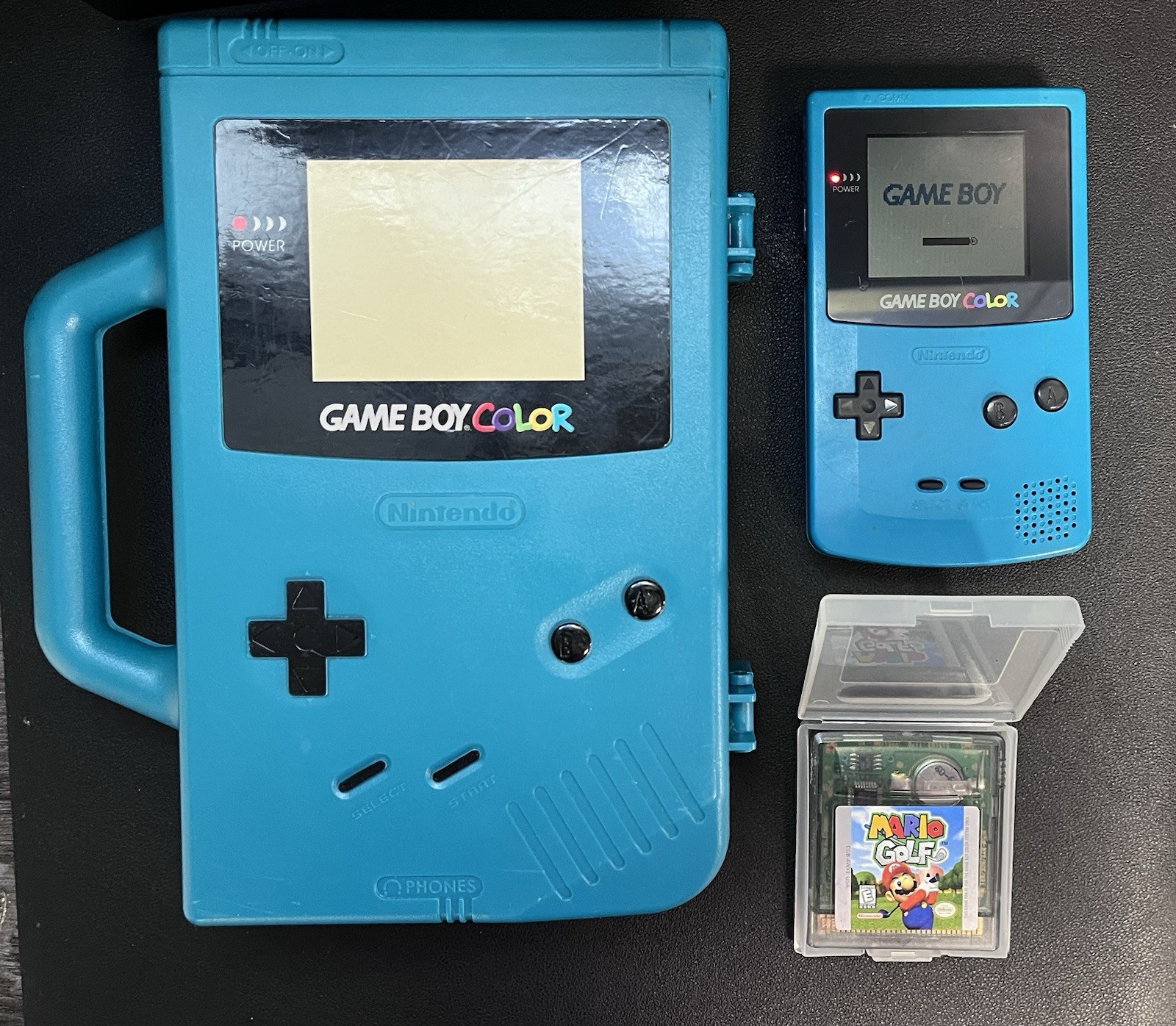 Nintendo Gameboy Color:Teal|Model:CGB-001 & RARE Matching Case With Mario Golf