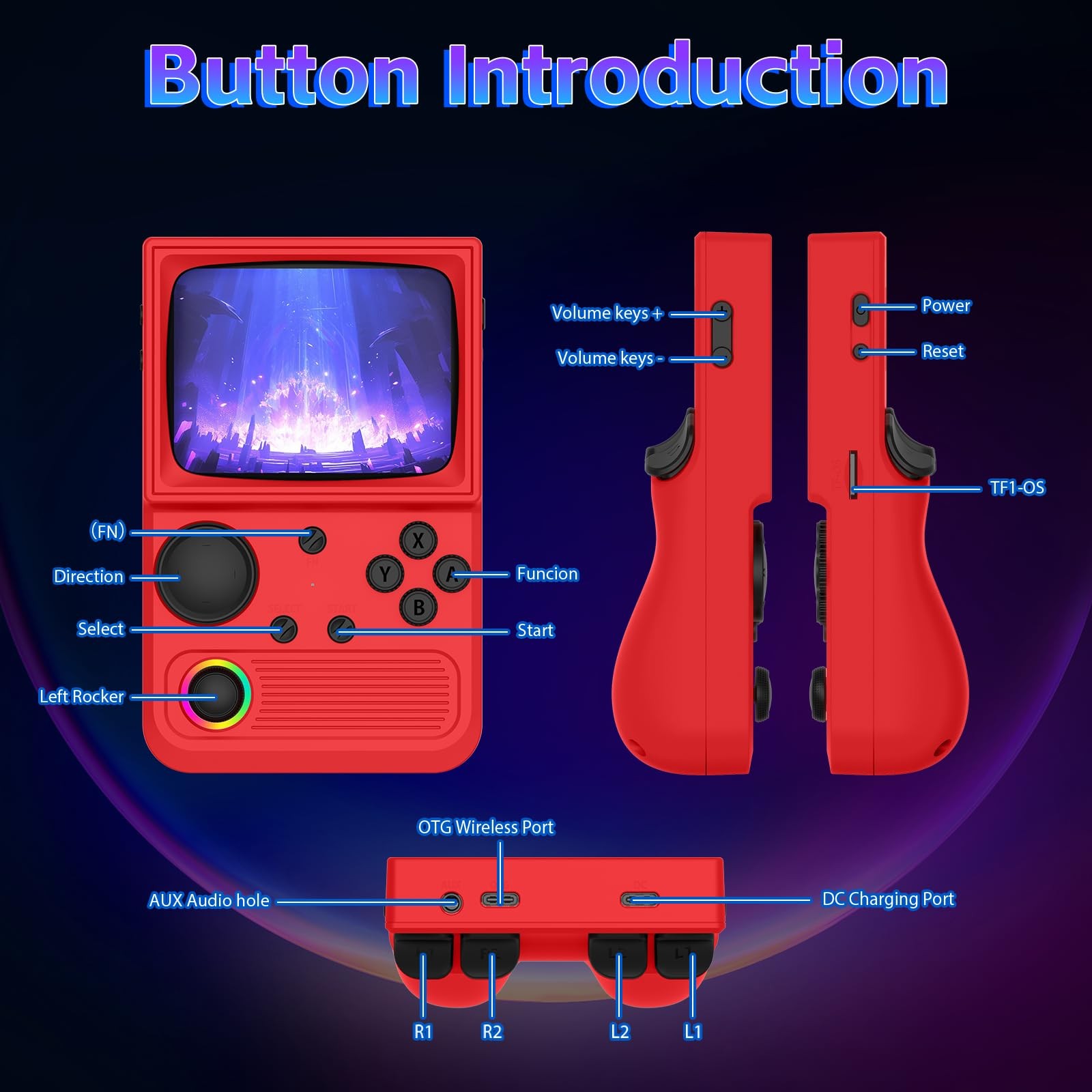 R36T Retro Game Handheld Game Console 3.5in 3500mAh Battery, 64GB TF Card, Red
