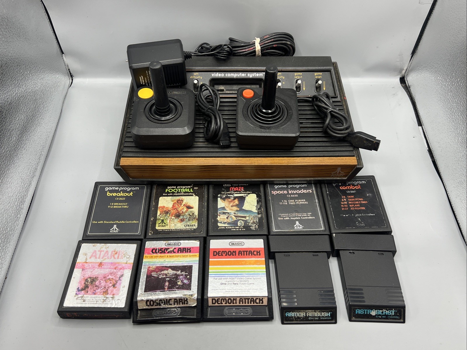 Atari 2600 Woodgrain Console System Bundle 10 Games Tested OEM Power Cords Lot B
