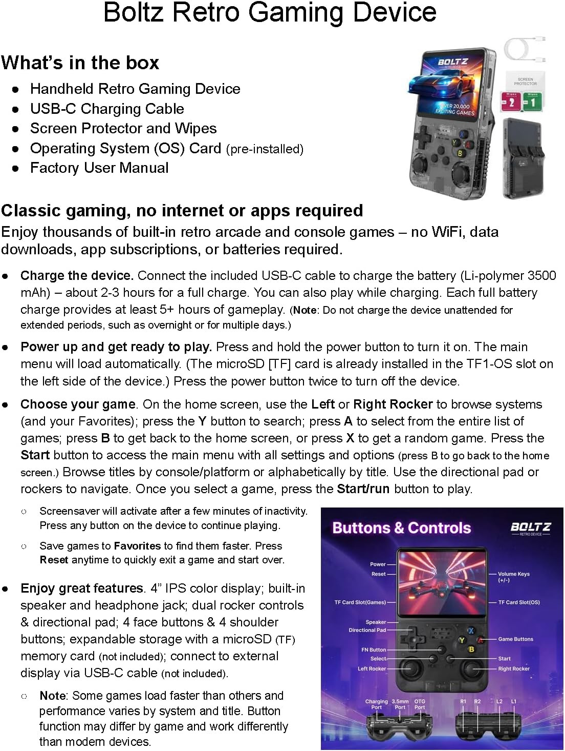 Boltz Retro Handheld Game Console with 20,503 Built-In Games, 3.75″ IPS Screen P