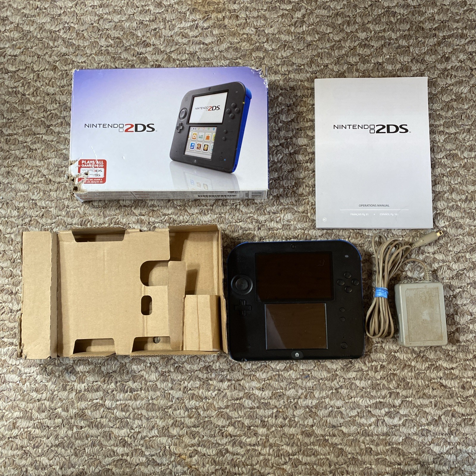 Nintendo 2DS Handheld Game Console FTR-001 Blue Black In Box Tested Charger