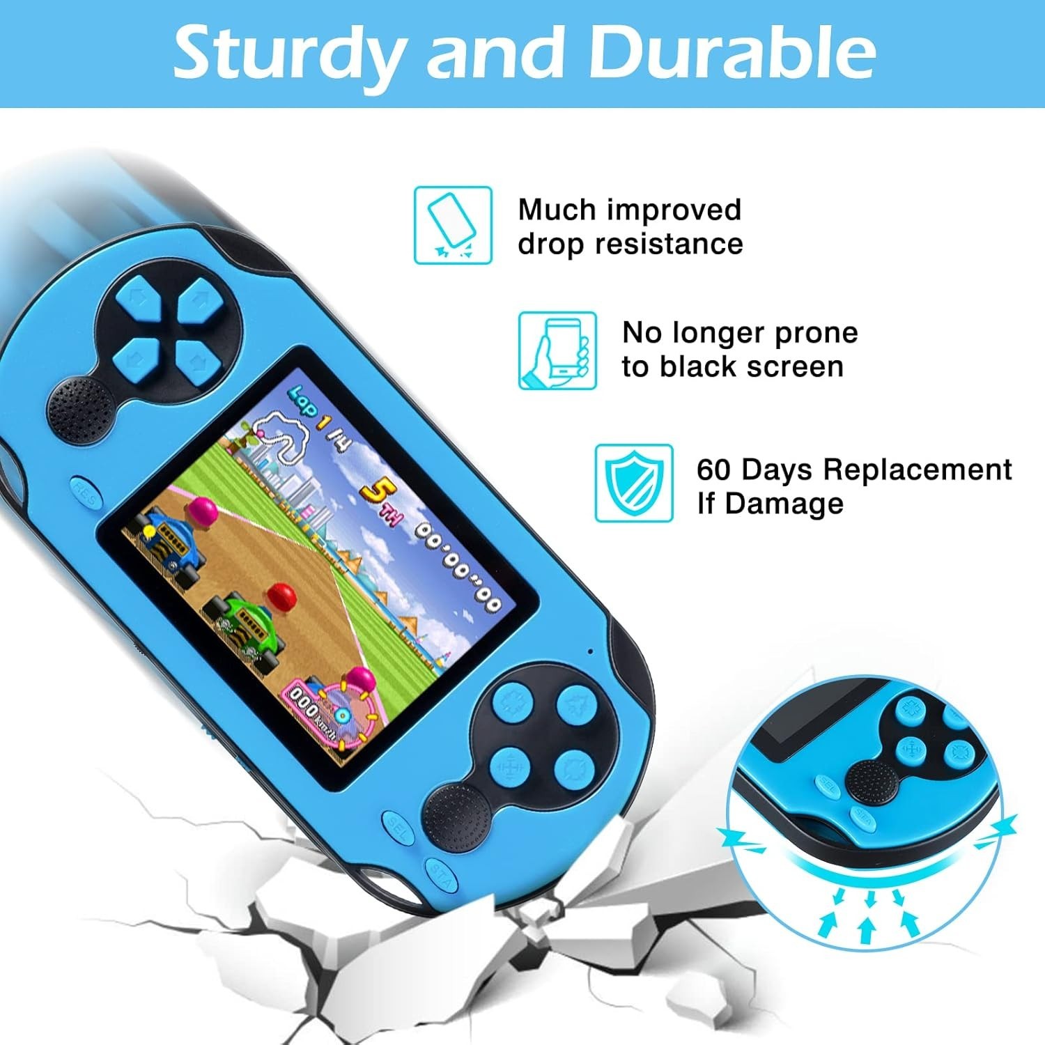 Children’s Handheld Gaming Console – 230 Retro Games, Rechargeable Battery, Blue