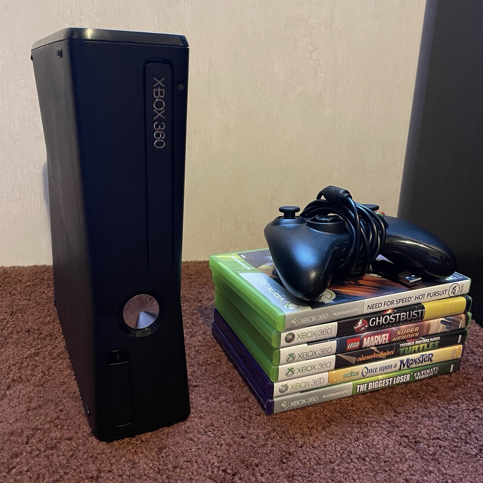 Microsoft Xbox 360 Console Slim 4GB Black with Cords, Wired Controller, 6 Games
