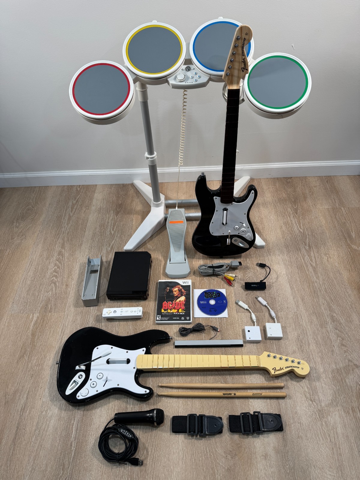 Wii Rockband Bundle With Console 2 Guitars Dongles Drums Game COMPLETE Rock Band