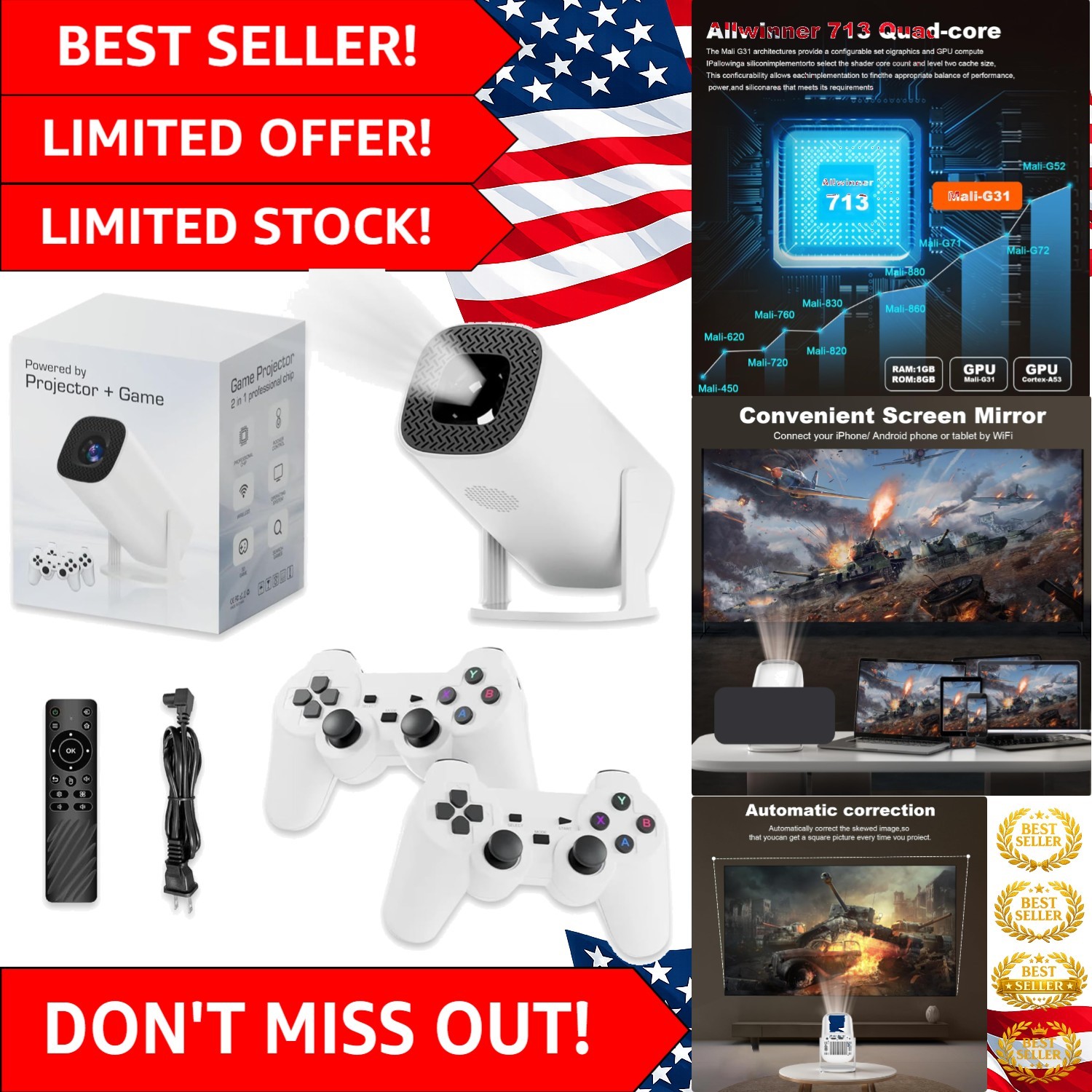 4K HD Game Projector with 36000 Games: Smart Android TV & Wireless Controllers