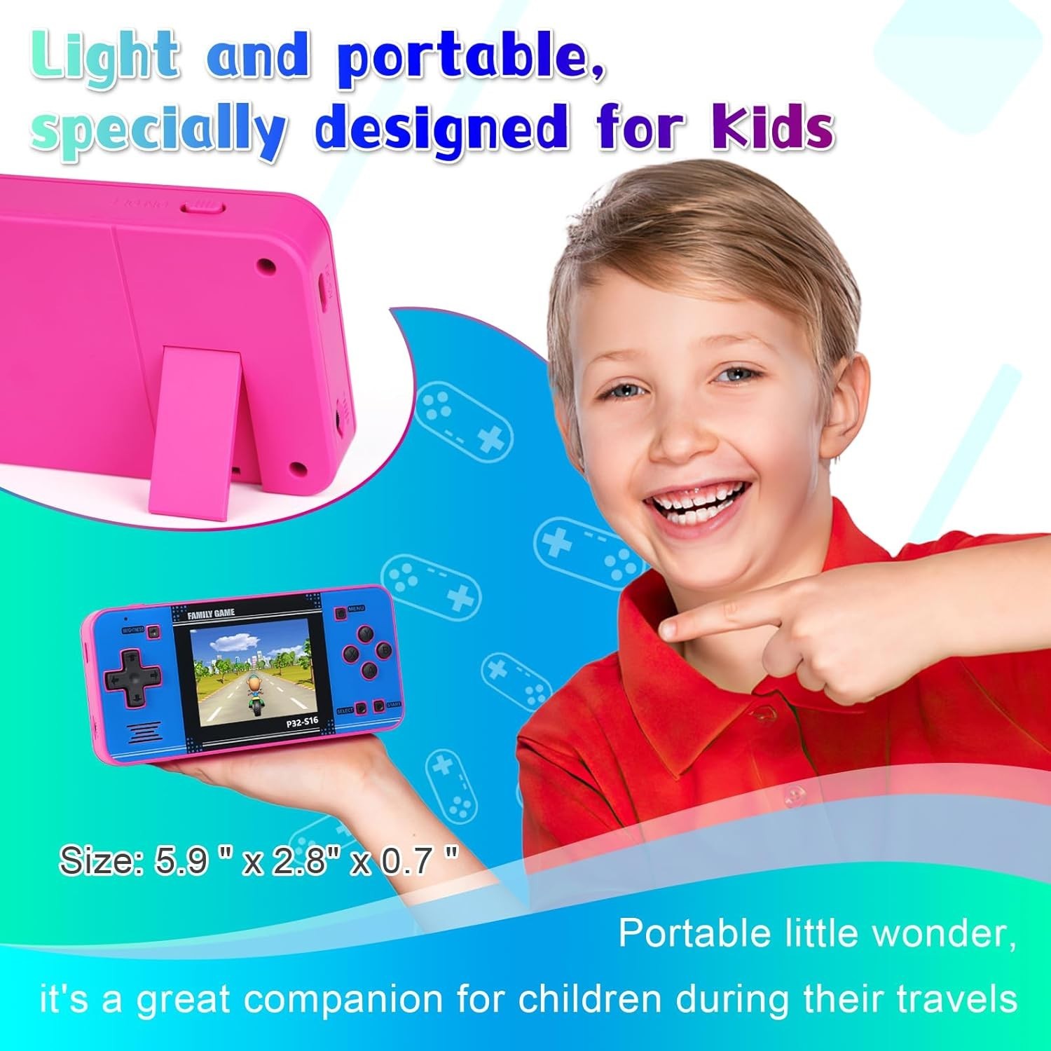Portable Handheld Game for Kids – 220 Built-In Games, Pink & Blue Design