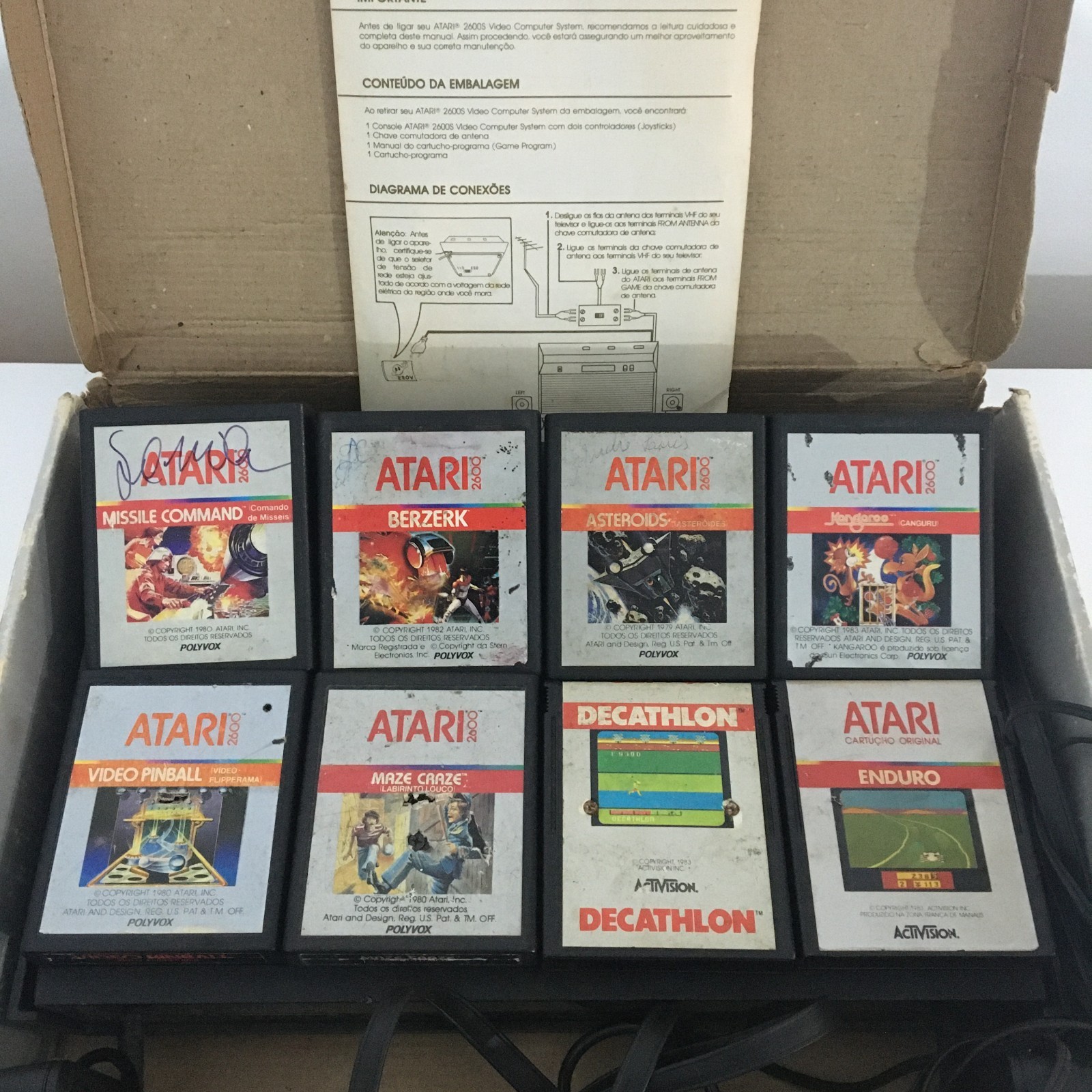 ATARI 2600 POLYVOX BRAZIL CONSOLE CIB + 8 AUTHENTIC GAMES MATCHING SERIAL NUMBER
