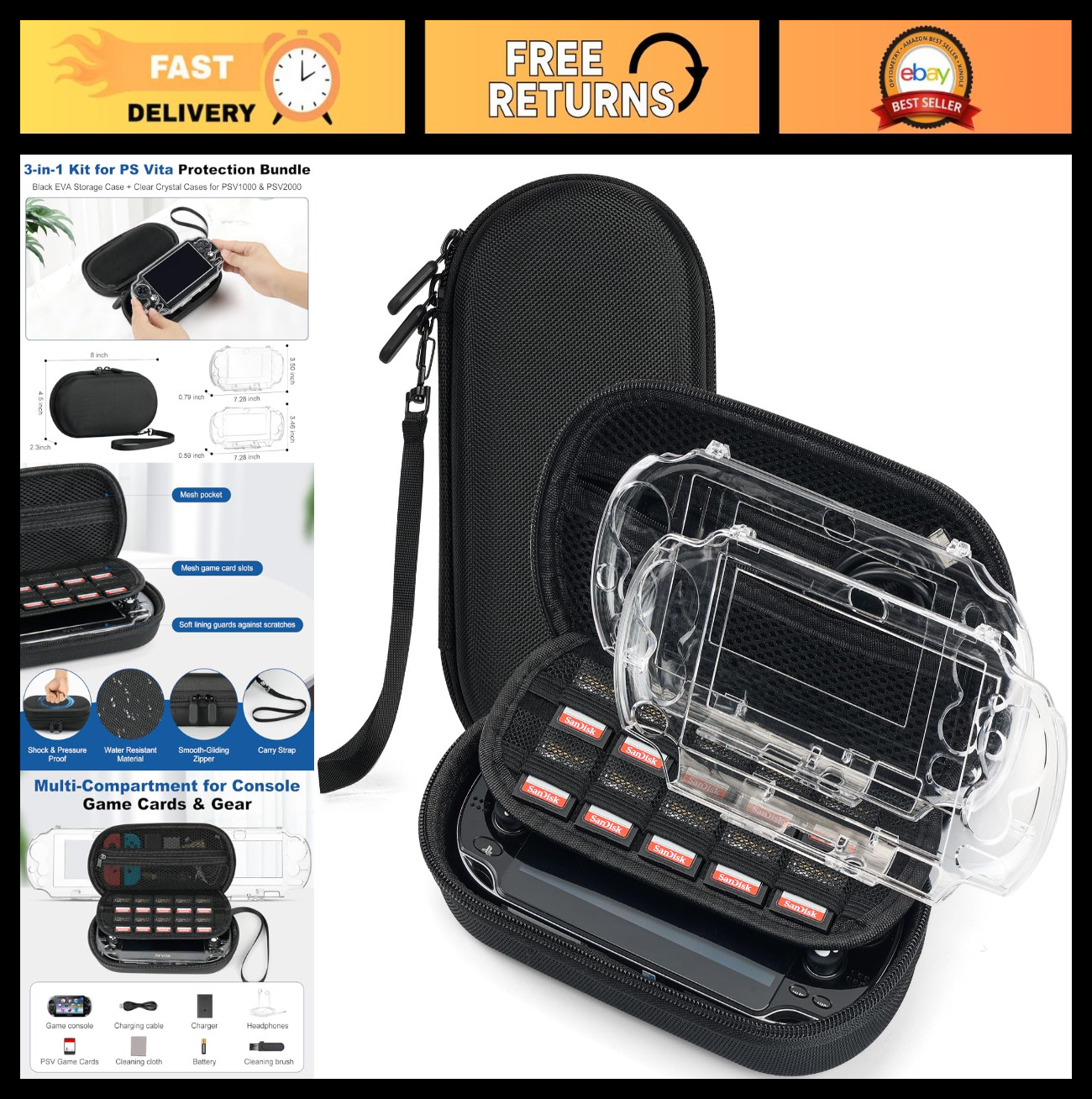 3-in-1 PS Vita Case Bundle – Hard EVA Carrying Case + 2 Clear Crystal Cases for