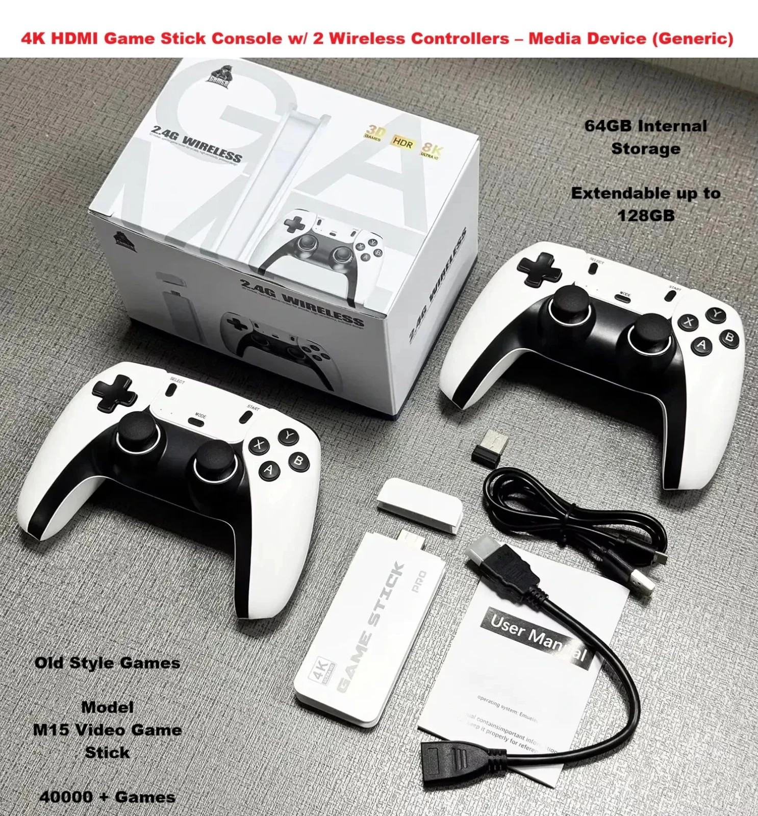 4K 2.4G HD TV HDMI Game Stick Console w/ 2 Wireless Controller
