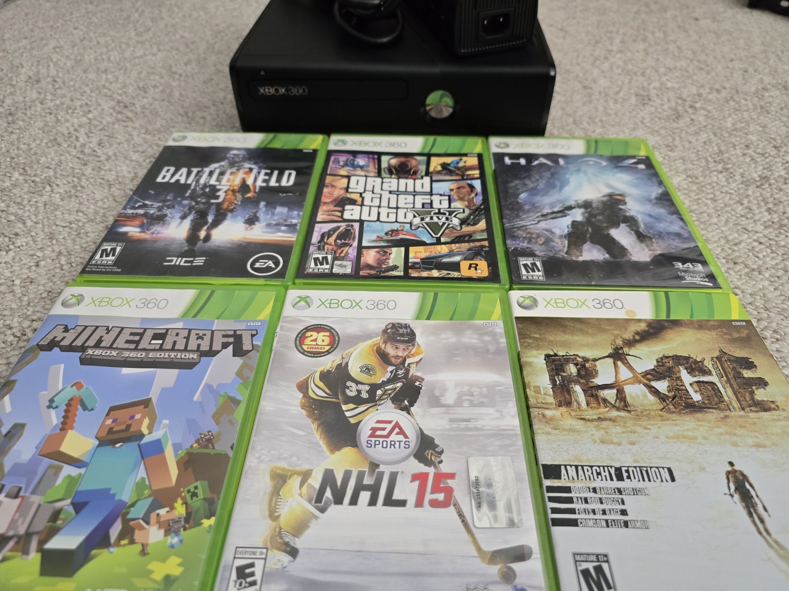 Xbox 360 S Slim Bundle 1439 Console, Power & 6 GAMES inc RAGE ANARCHY Ed SEALED