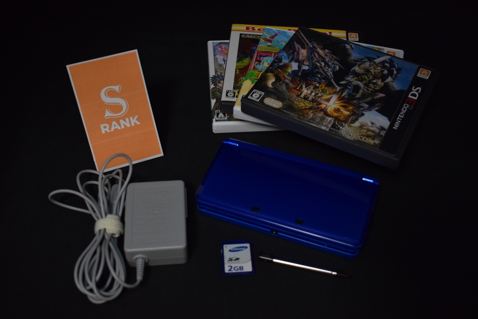 Nintendo 3DS Blue RANK S Software ×4, with charger, 2GB SD card From Japam