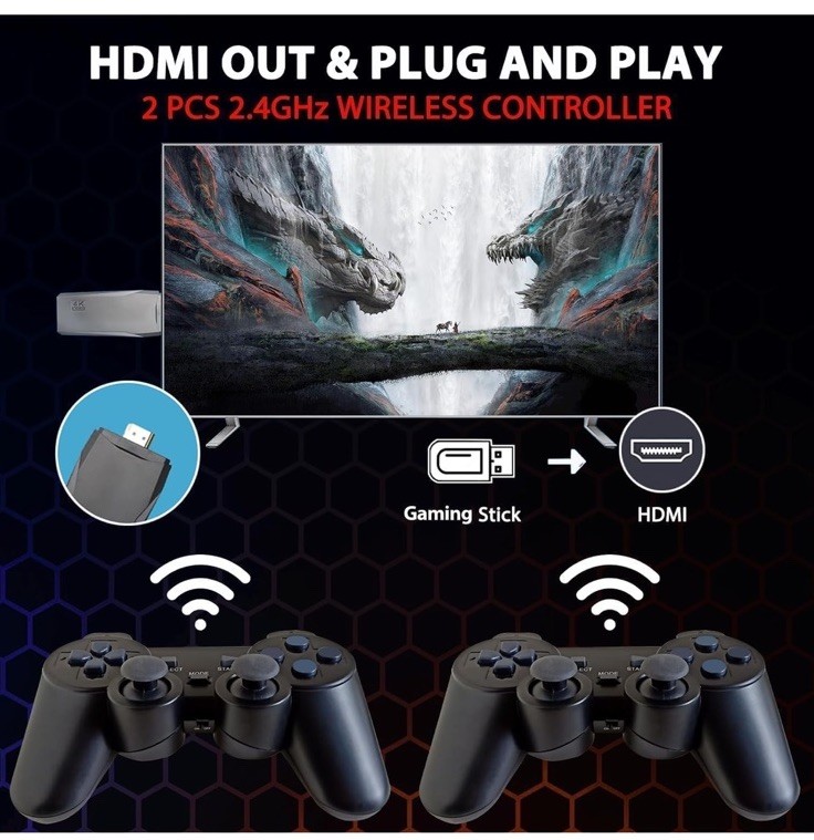 Wireless Retro Game Console Stick 20,000+ Games 4K HDMI w/ 2 Controllers (20GB)