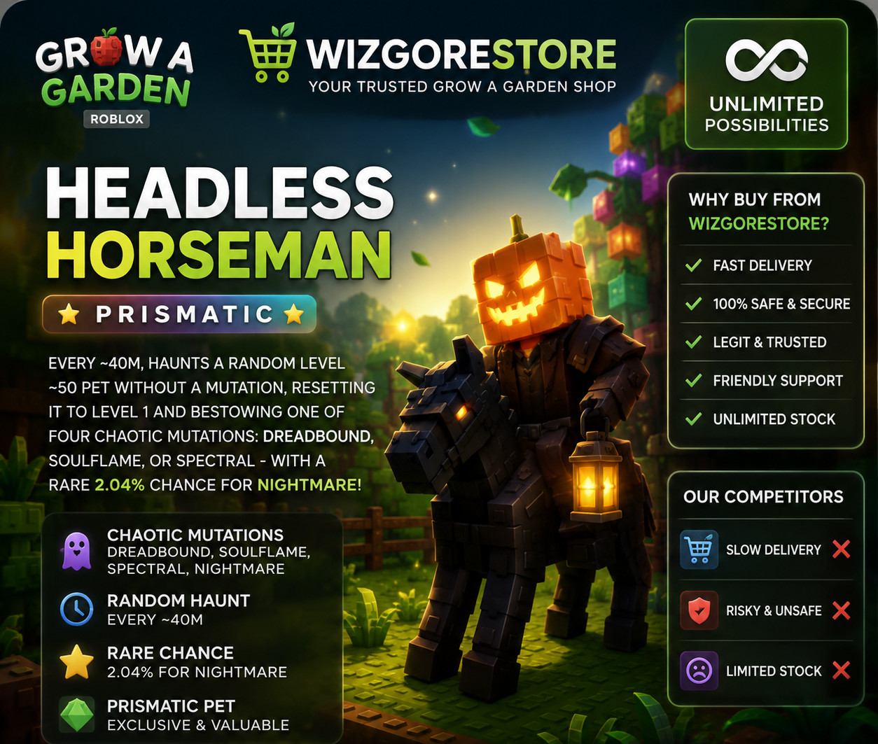 👻 Headless Horseman PRISMATIC | Grow A Garden 2 | Instant Delivery
