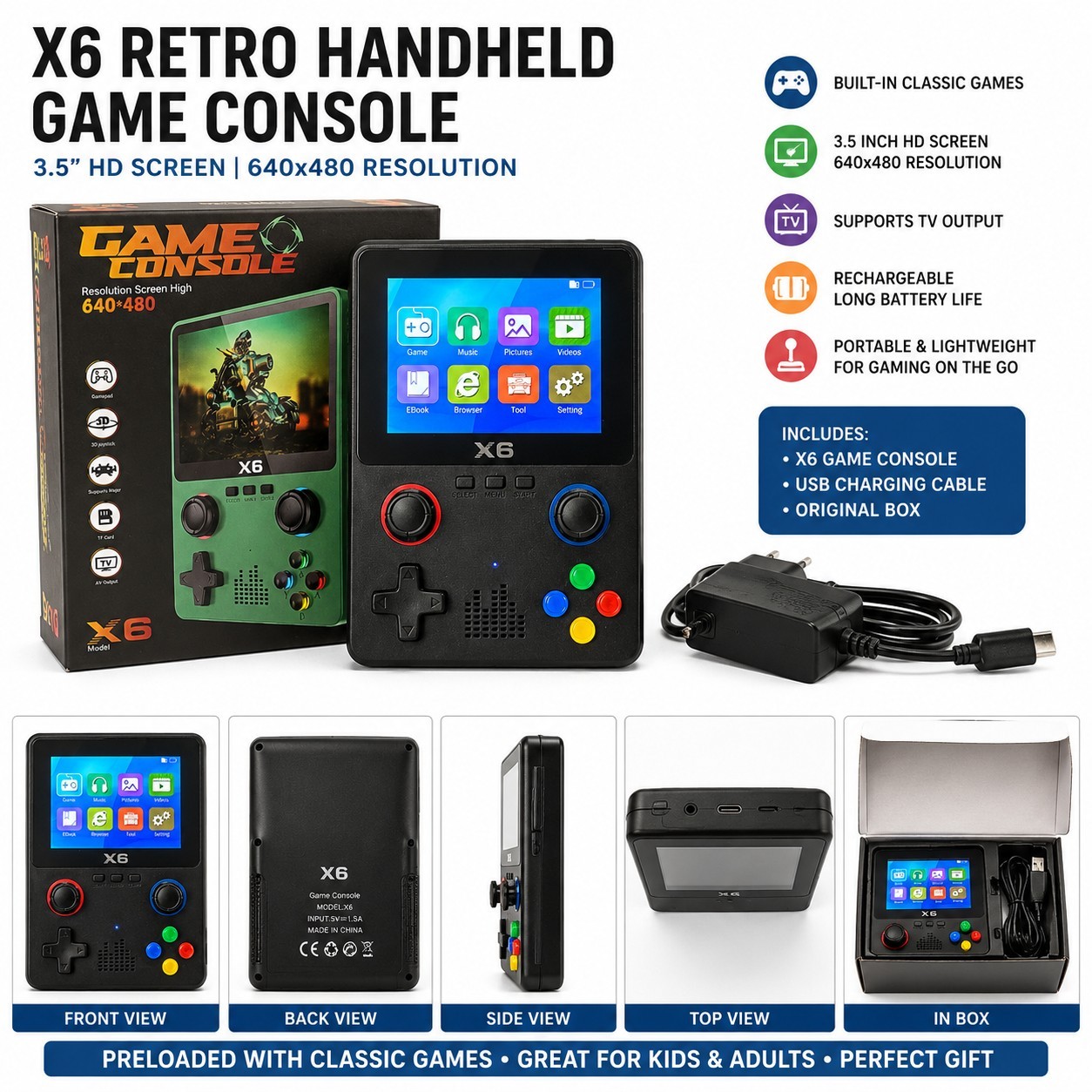 X6 Retro Handheld Game Console 3.5in 640×480 64GB Wi-Fi Mini HDMI Black