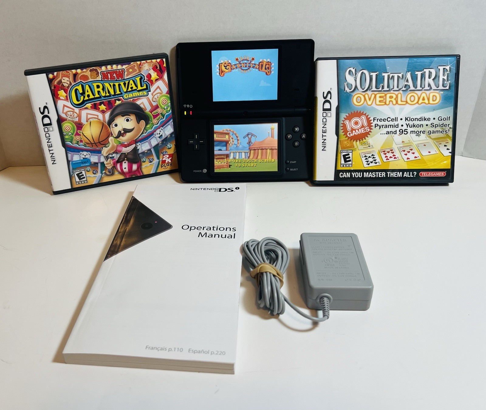 Nintendo DSi Matte Black Console TWL-001, AC Adapter Stylus 2 Games Carnival