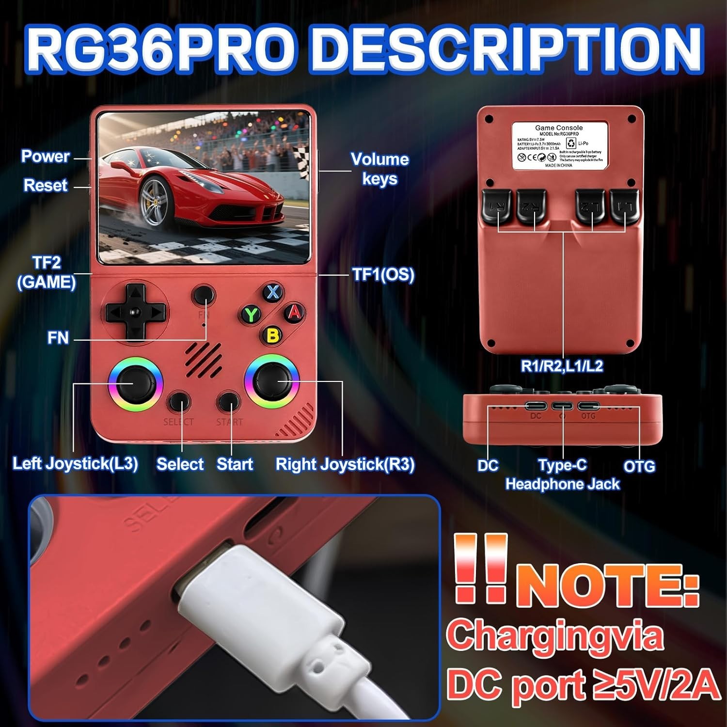 RG36PRO Retro Handheld Console – 30K+ Games, 64GB, 3.5″ IPS, Rechargeable