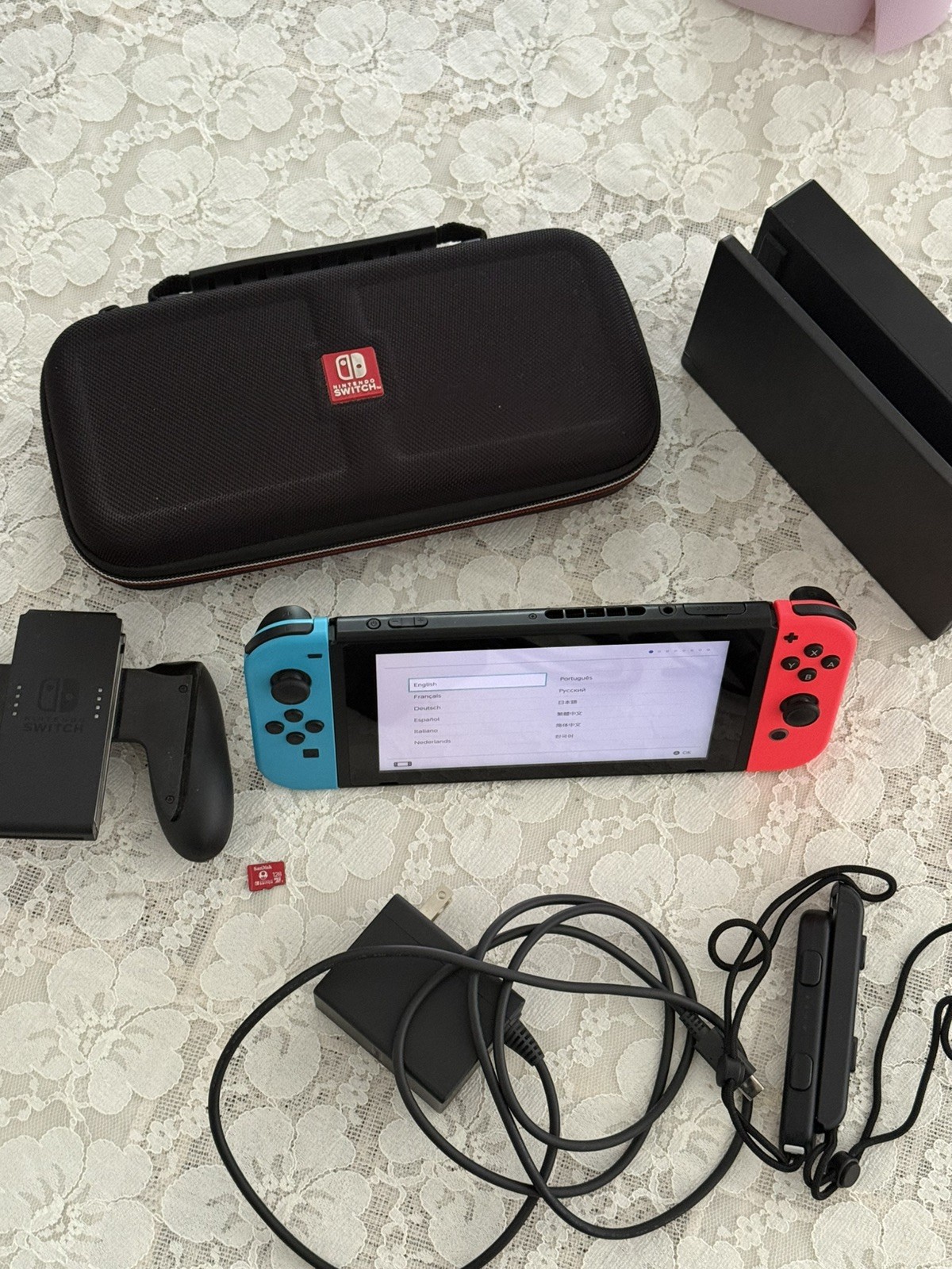 Nintendo Switch System Console w/Neon Red & Blue Joy-Cons + Dock, Case, Charger