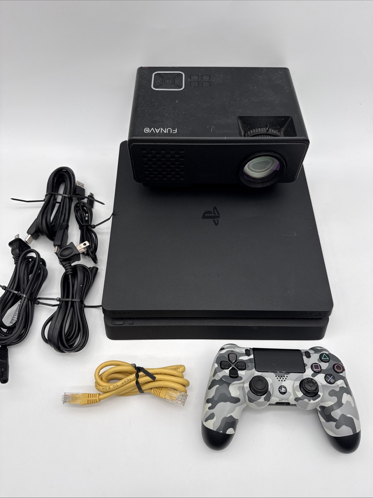 Sony PlayStation 4 Slim 1TB Bundle With FUNAV Projector Controller Cables READ