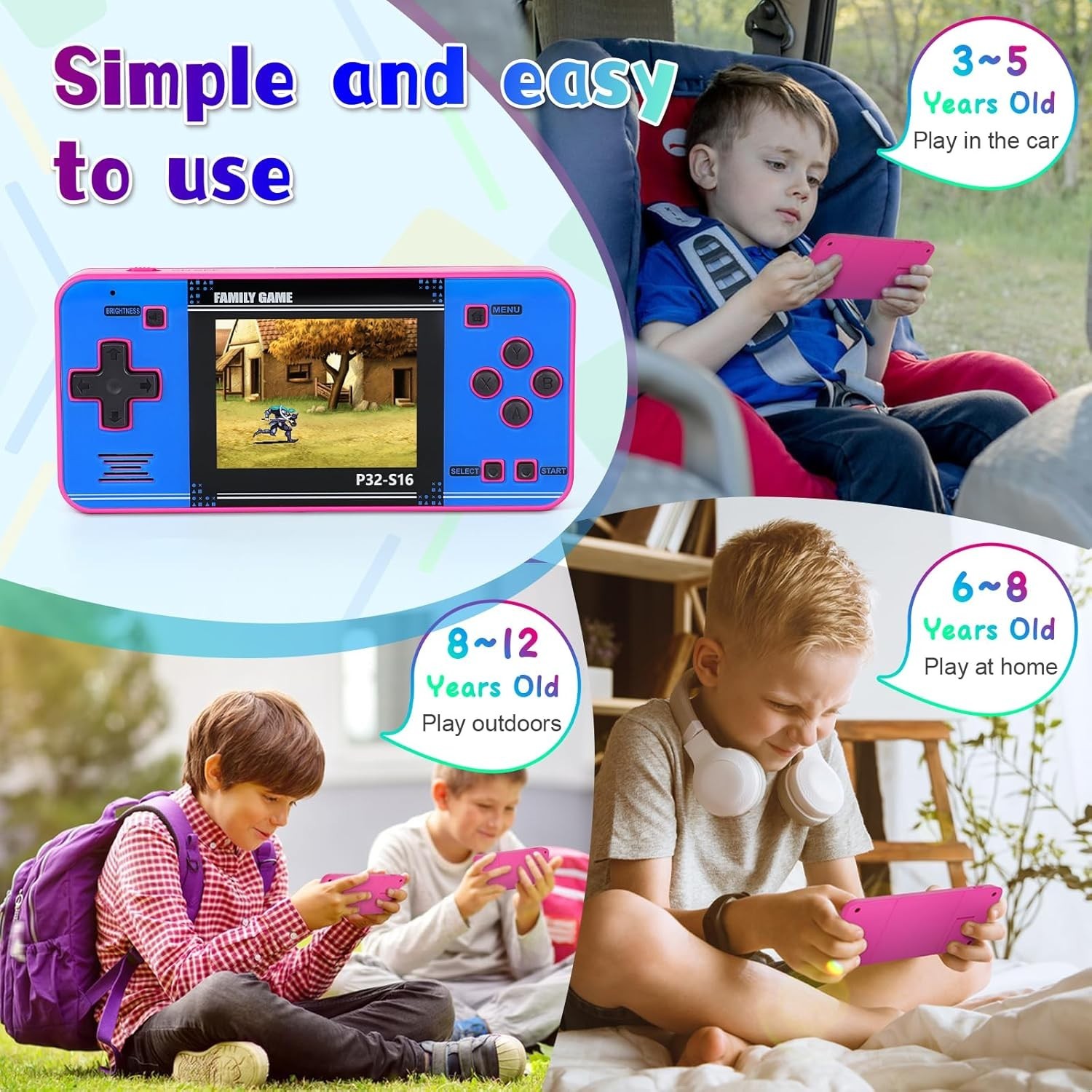 Portable Handheld Game for Kids – 220 Built-In Games, Pink & Blue Design
