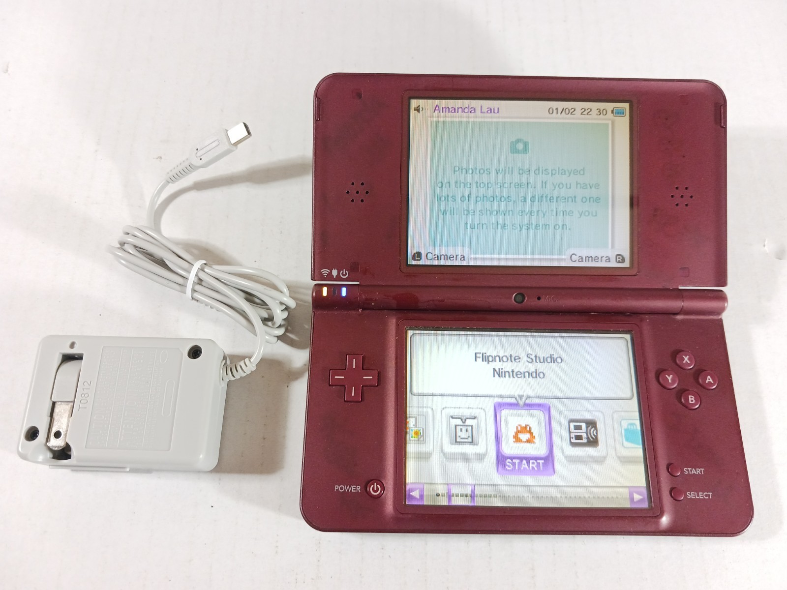 Nintendo DSi XL Burgundy Red Tested Working Charges Discolored Screens Wear