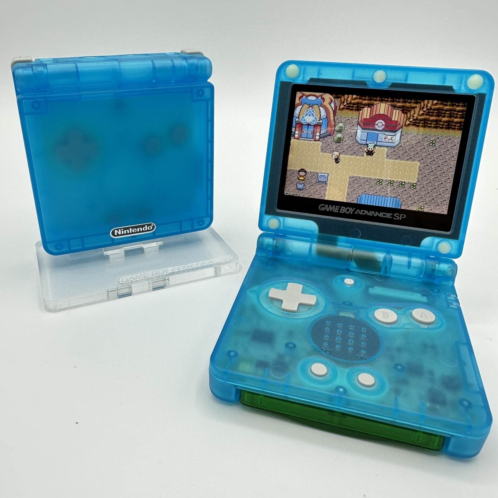 Gameboy Advance SP AGS-001 or IPS Ice Blue Glow *Glass Lens & New Battery* GITD