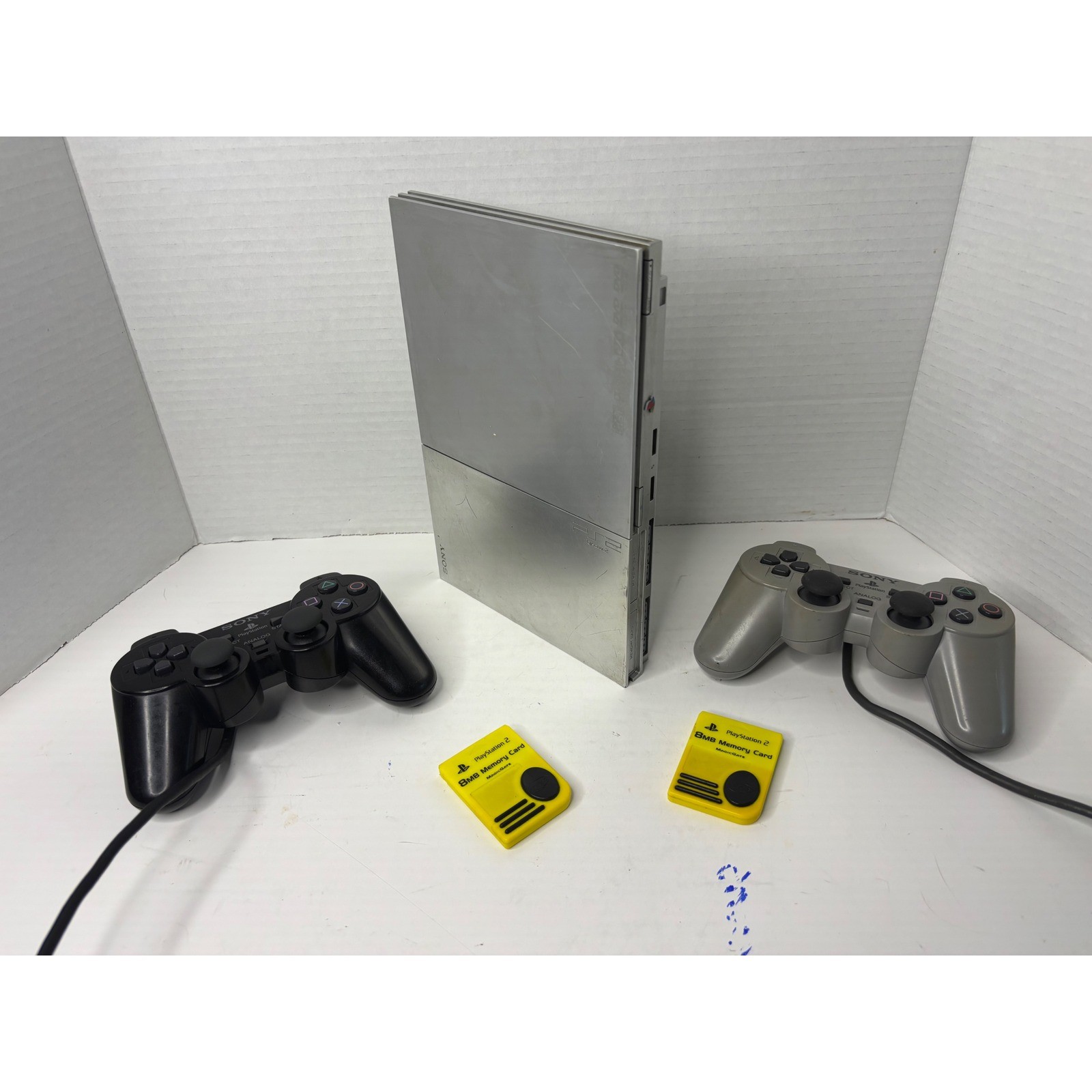 Sony PlayStation 2 PS2 Slim Silver Console 2 Controllers 8MB Cards No AV Cable