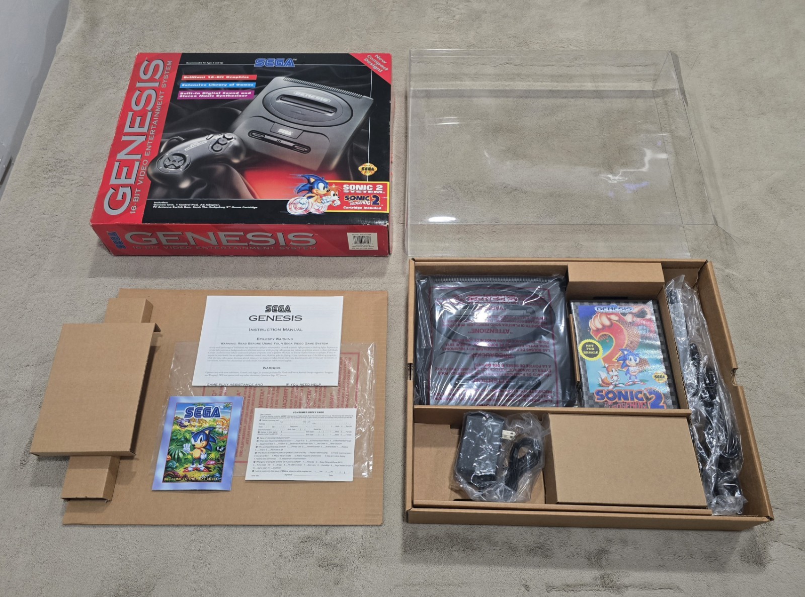 Sega Genesis Model 2 Console CIB Sonic 2 Bundle w Reg Card Mint + Box Protector