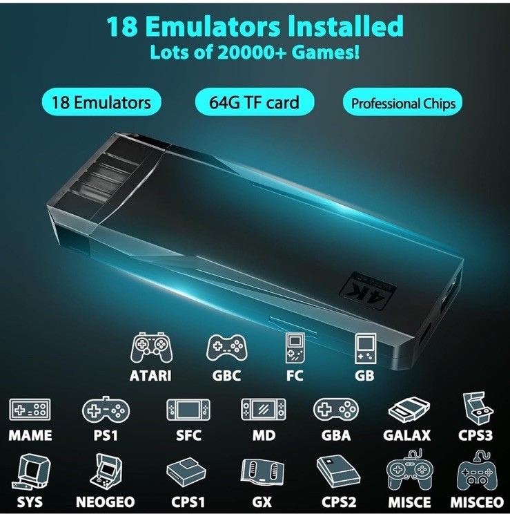 Wireless Retro Game Console Stick 20,000+ Games 4K HDMI w/ 2 Controllers (20GB)