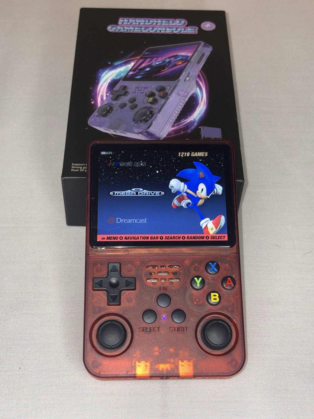 R36S Handheld Game Console Transparent Red Dual Joystick Wi-Fi Bluetooth