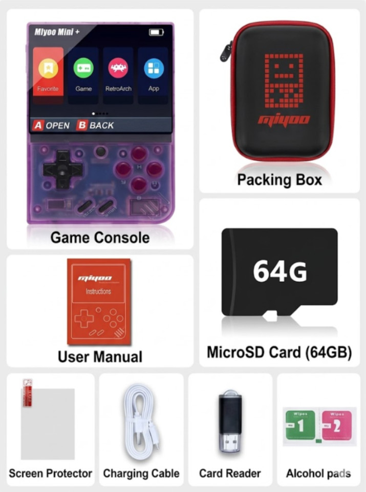 Miyoo Mini Plus 64GB Purple Retro Handheld Console OnionOS WiFi Netplay + Case