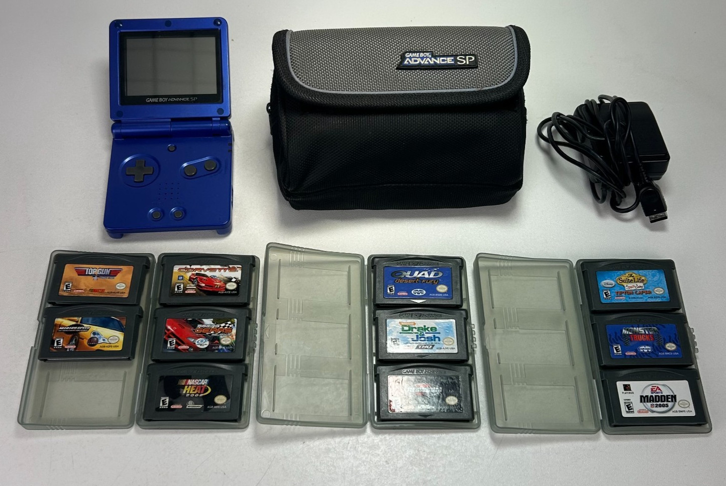 Game Boy Advance SP Bundle Blue GBA Charger Case + 11 Games Tested Works