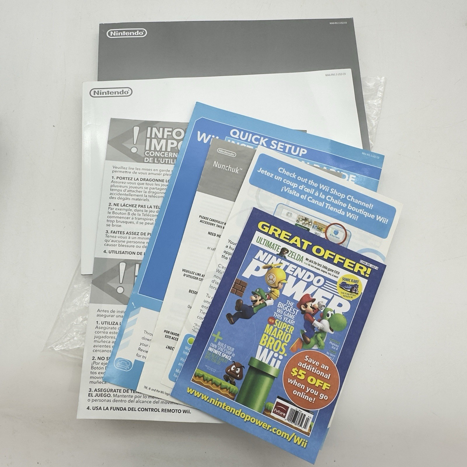 Nintendo Wii RVL-001 Console Bundle TESTED Controllers Super Mario Bros Manuals